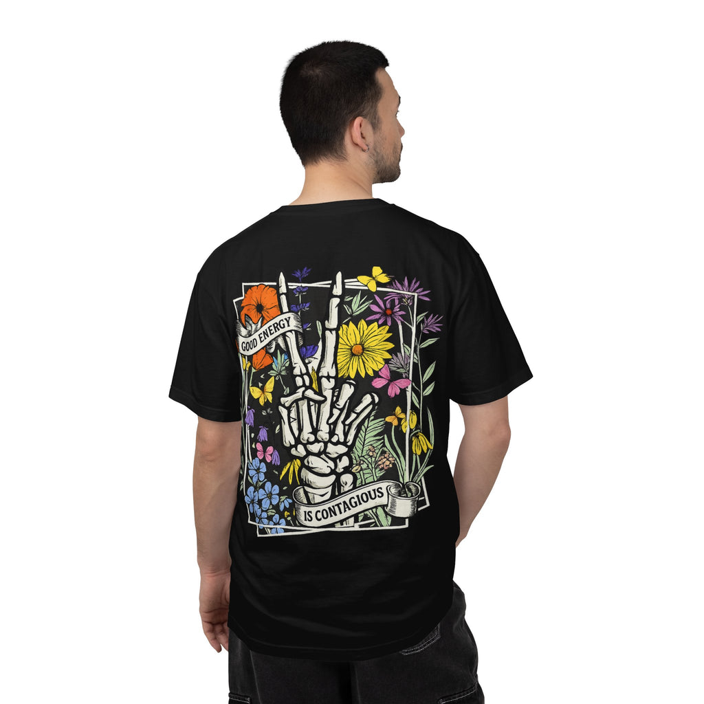 Good Energy Is Contagious T-Shirt — Floral Skeleton Back Graphic