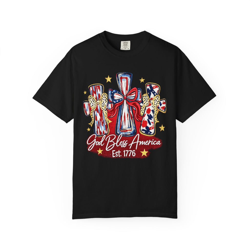 God Bless America Cross Tee — Patriotic Est. 1776 T-Shirt