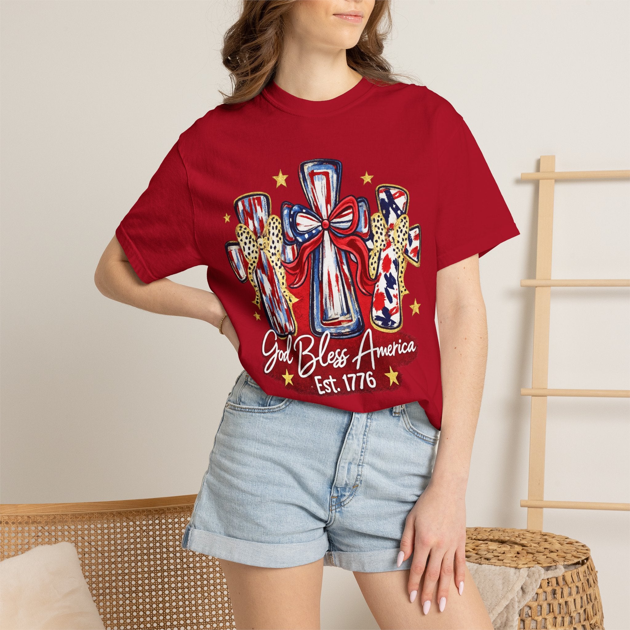 God Bless America Cross Tee — Patriotic Est. 1776 T-Shirt