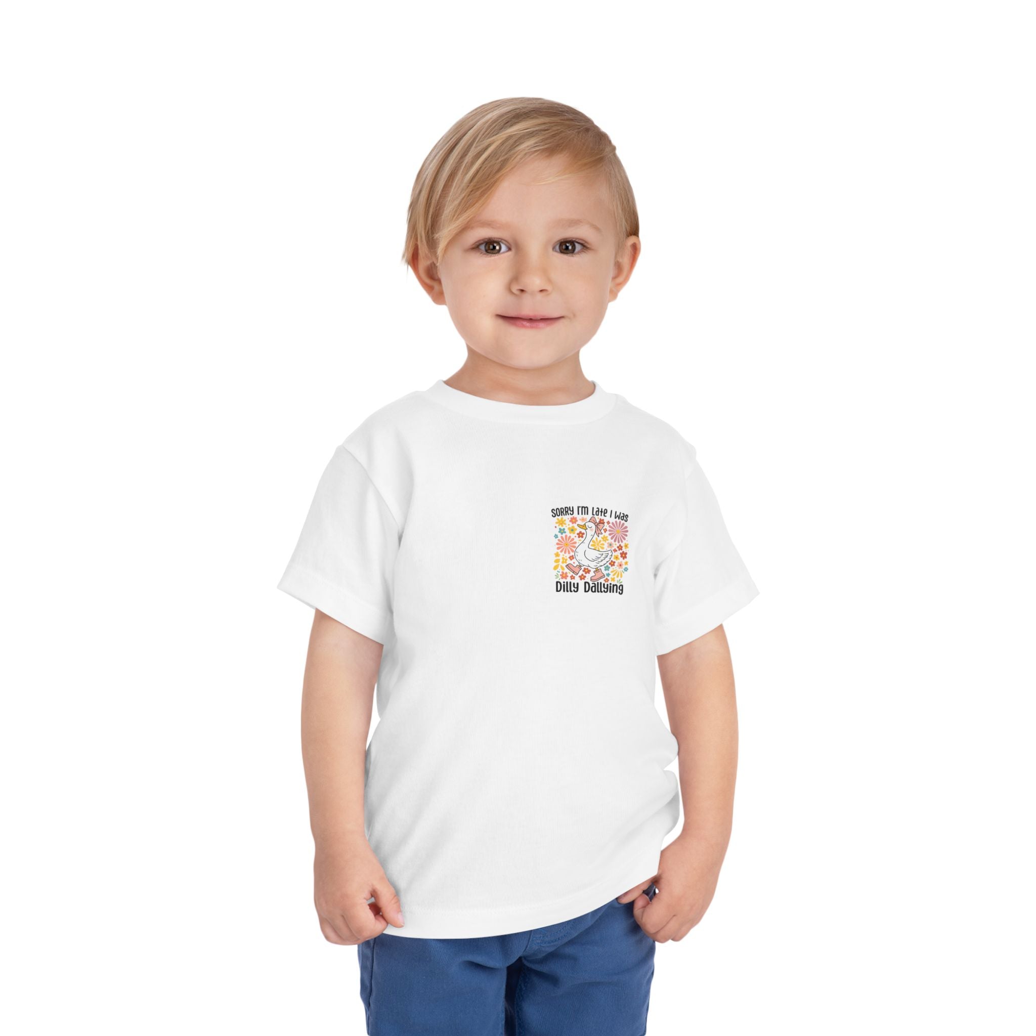 Toddler Tee — “Sorry I’m Late I Was Dilly Dallying” Cute Floral Duck Shirt