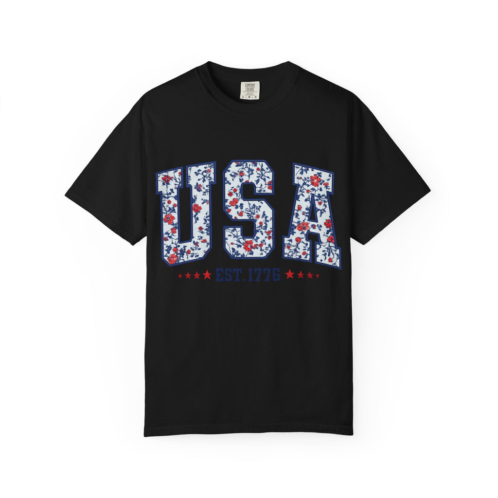 USA Floral Graphic T-Shirt — EST. 1776 Patriotic Tee