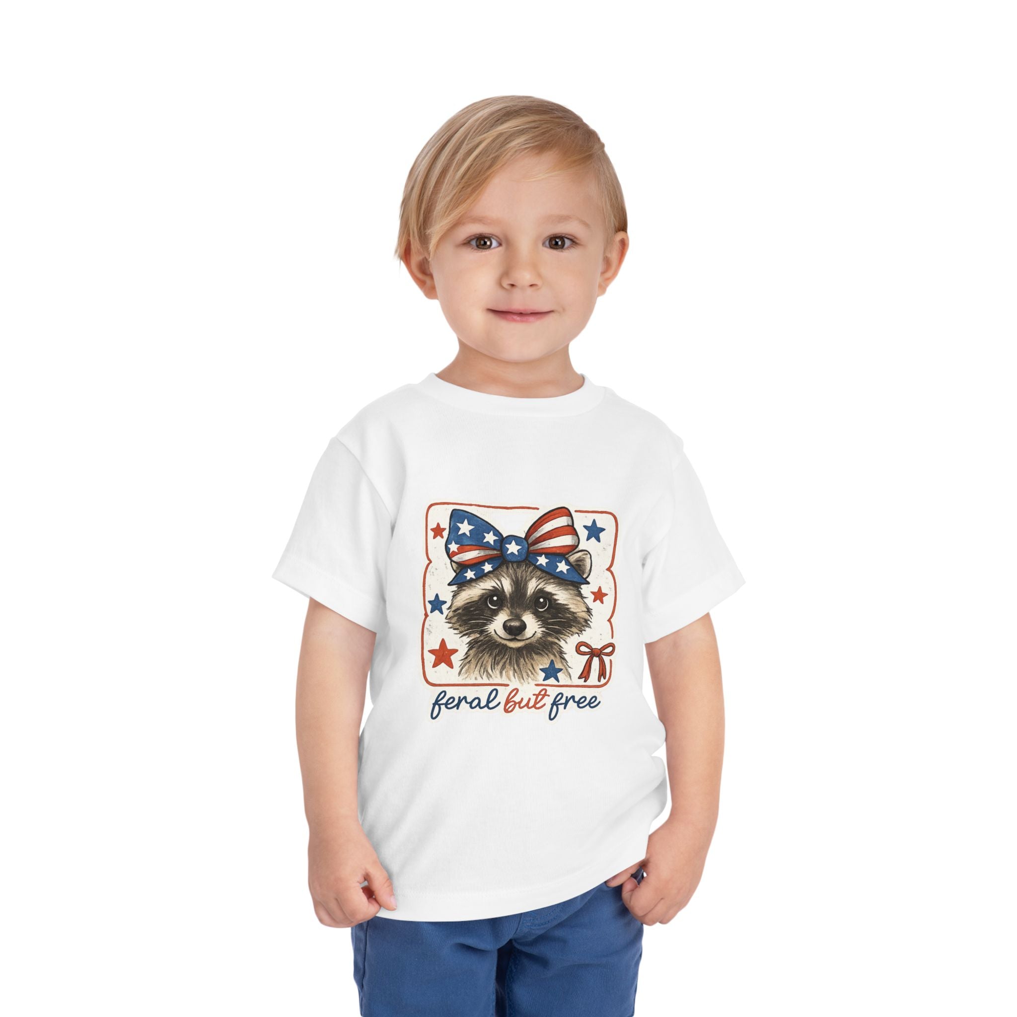Patriotic Raccoon Toddler Tee — "Feral but Free" 4th of July Shirt