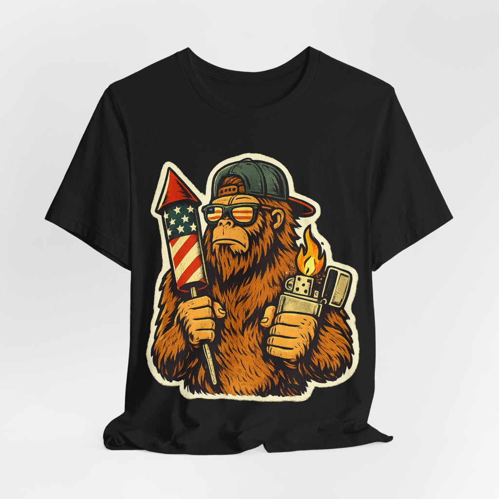 Patriotic Bigfoot Tee — Firework Rocket & Lighter Graphic T-Shirt