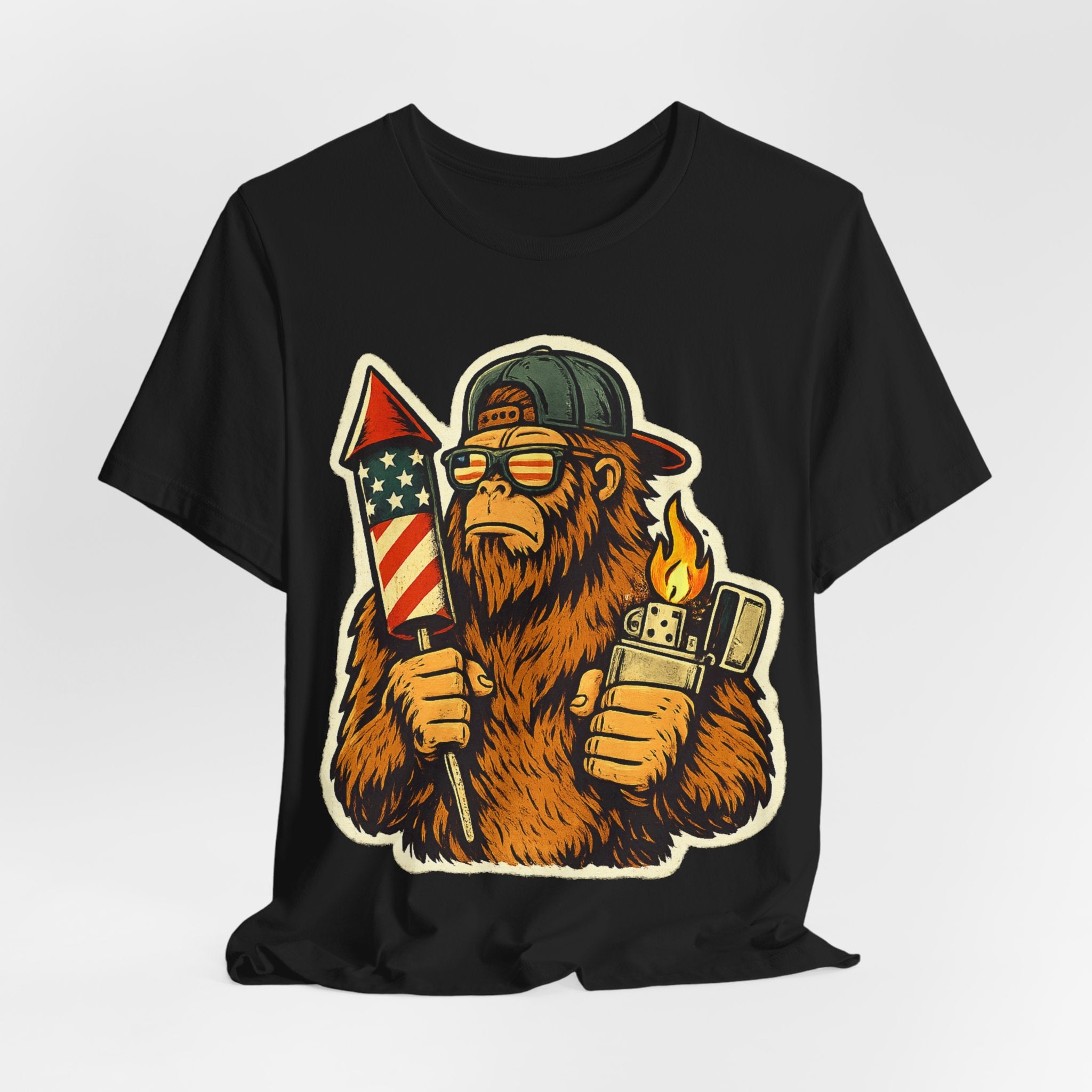 Patriotic Bigfoot Tee — Firework Rocket & Lighter Graphic T-Shirt