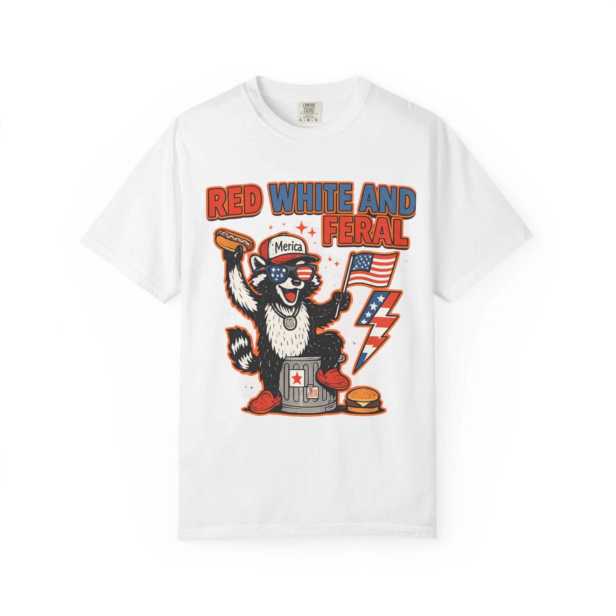 Red White and Feral Raccoon Tee — Patriotic Funny Graphic T-Shirt