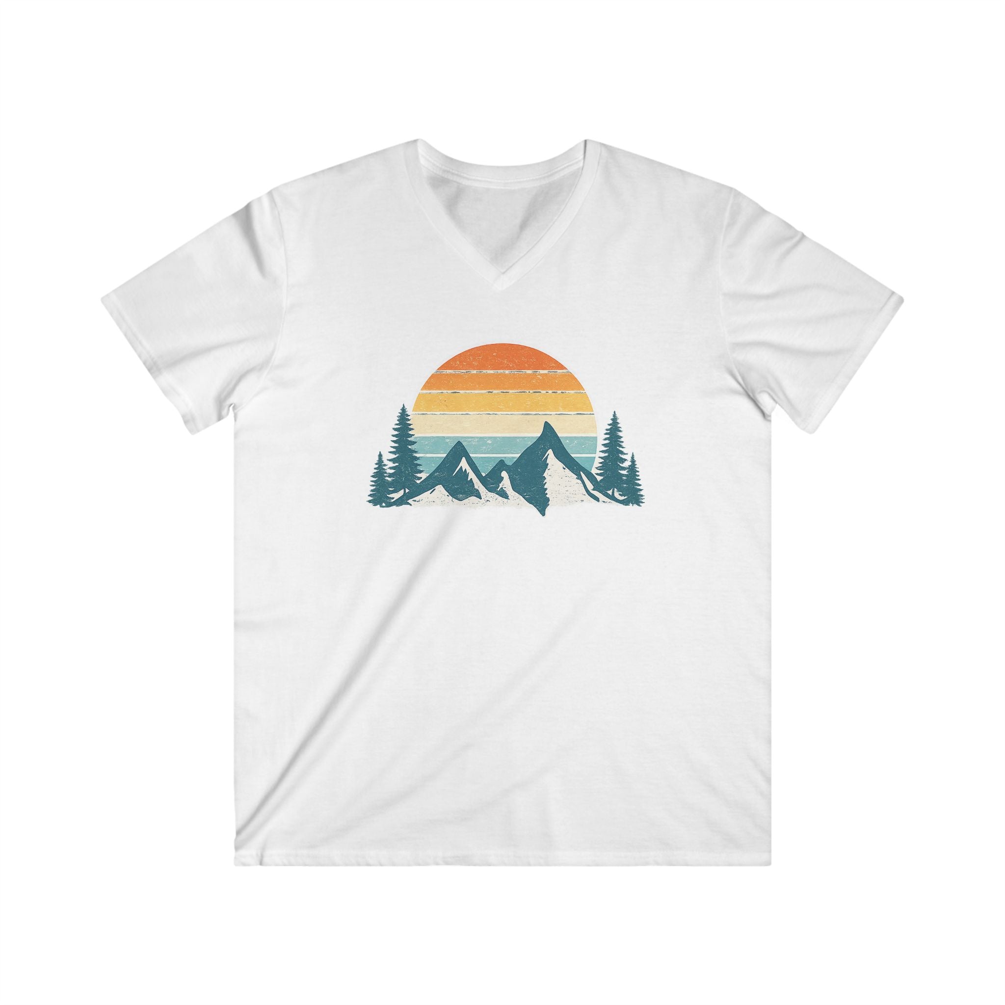 Mountain Sunset V-Neck Tee – Retro Outdoors Graphic Shirt