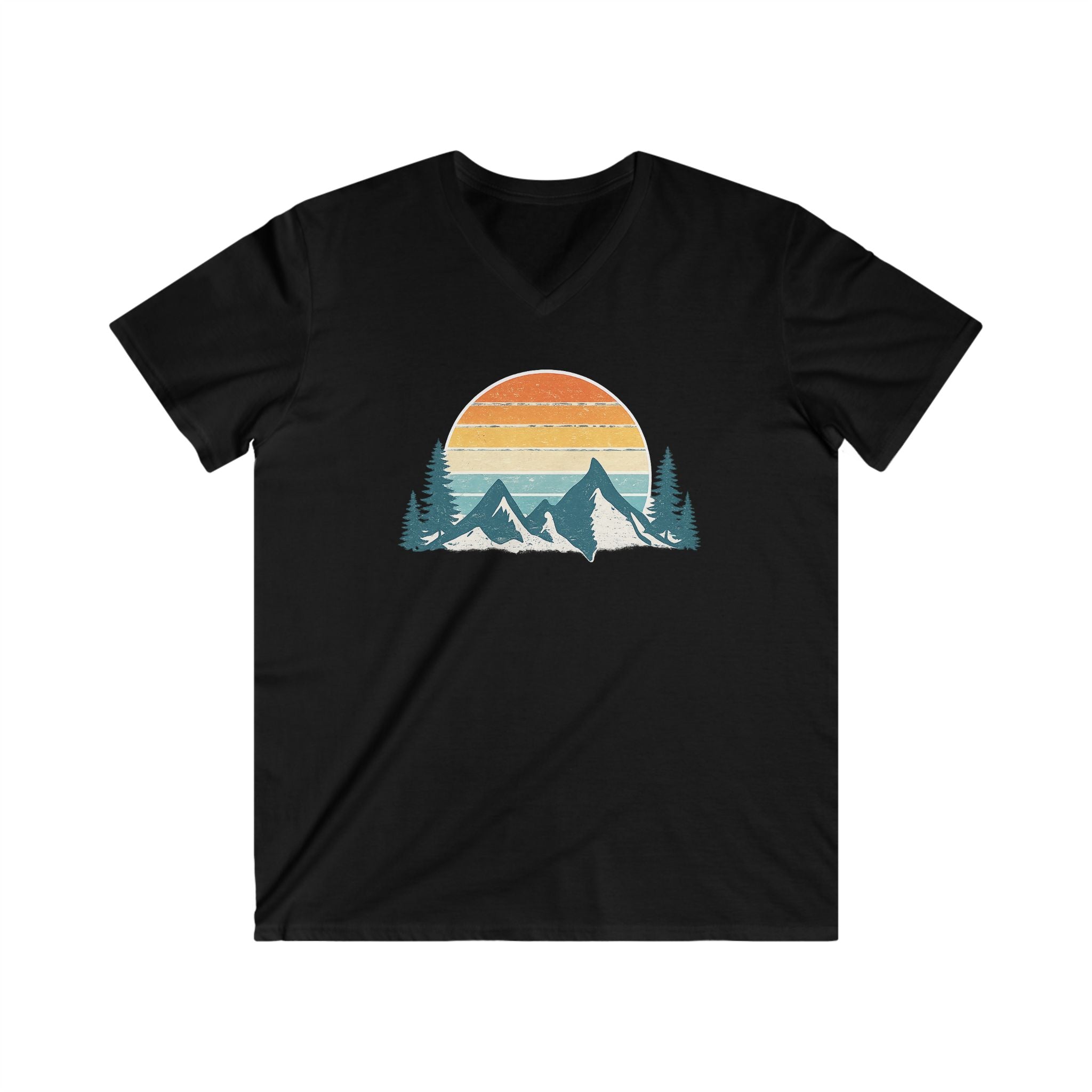 Mountain Sunset V-Neck Tee – Retro Outdoors Graphic Shirt