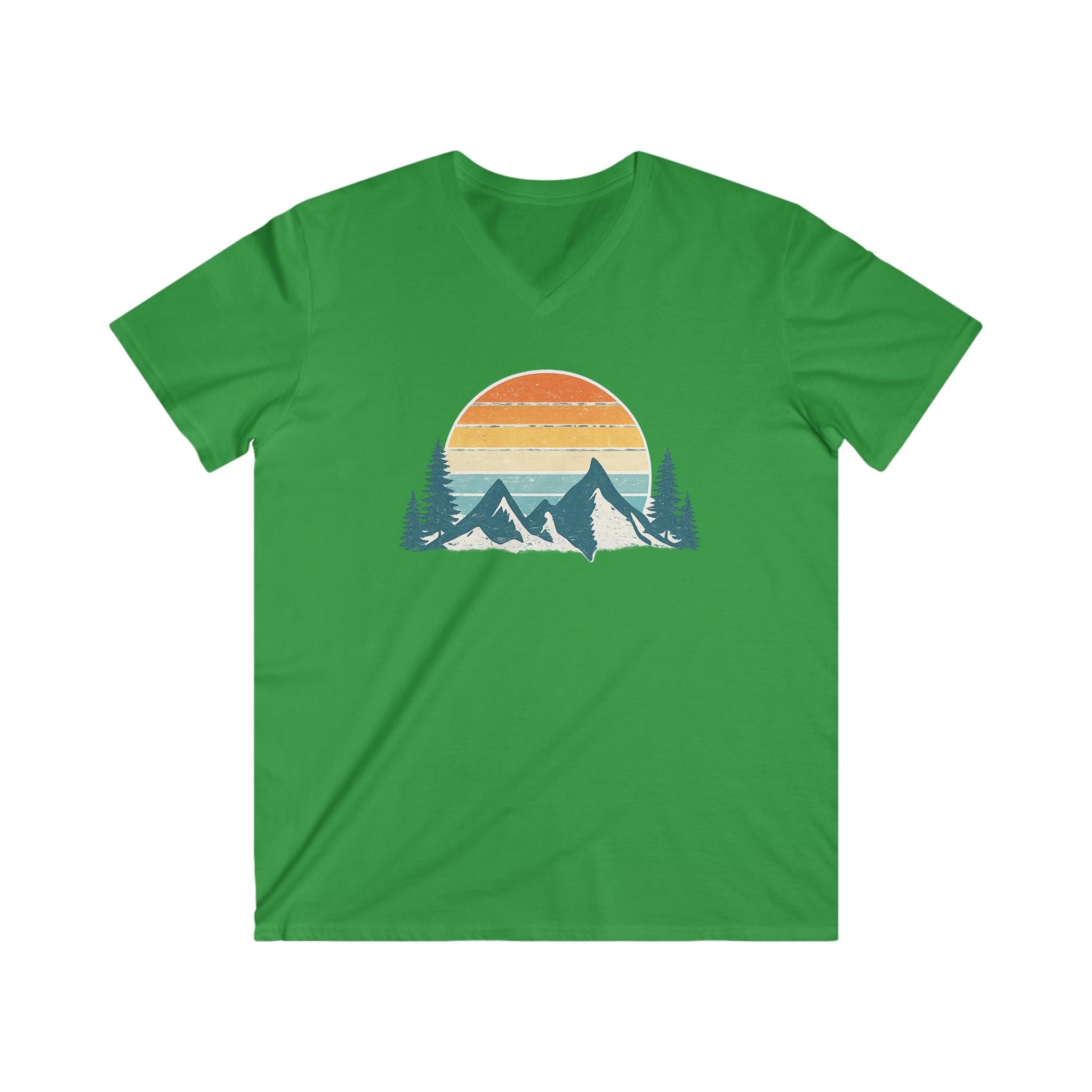 Mountain Sunset V-Neck Tee – Retro Outdoors Graphic Shirt