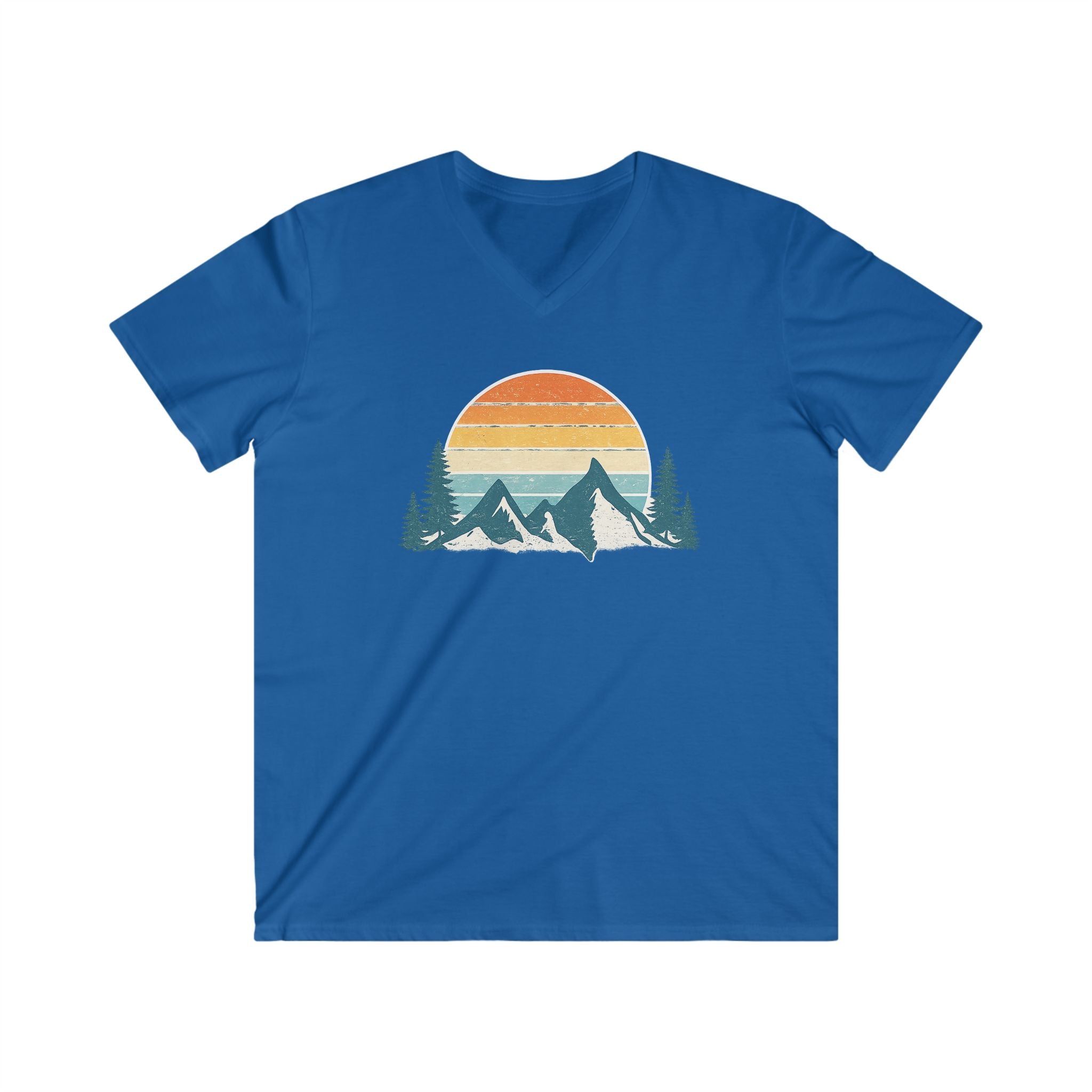 Mountain Sunset V-Neck Tee – Retro Outdoors Graphic Shirt