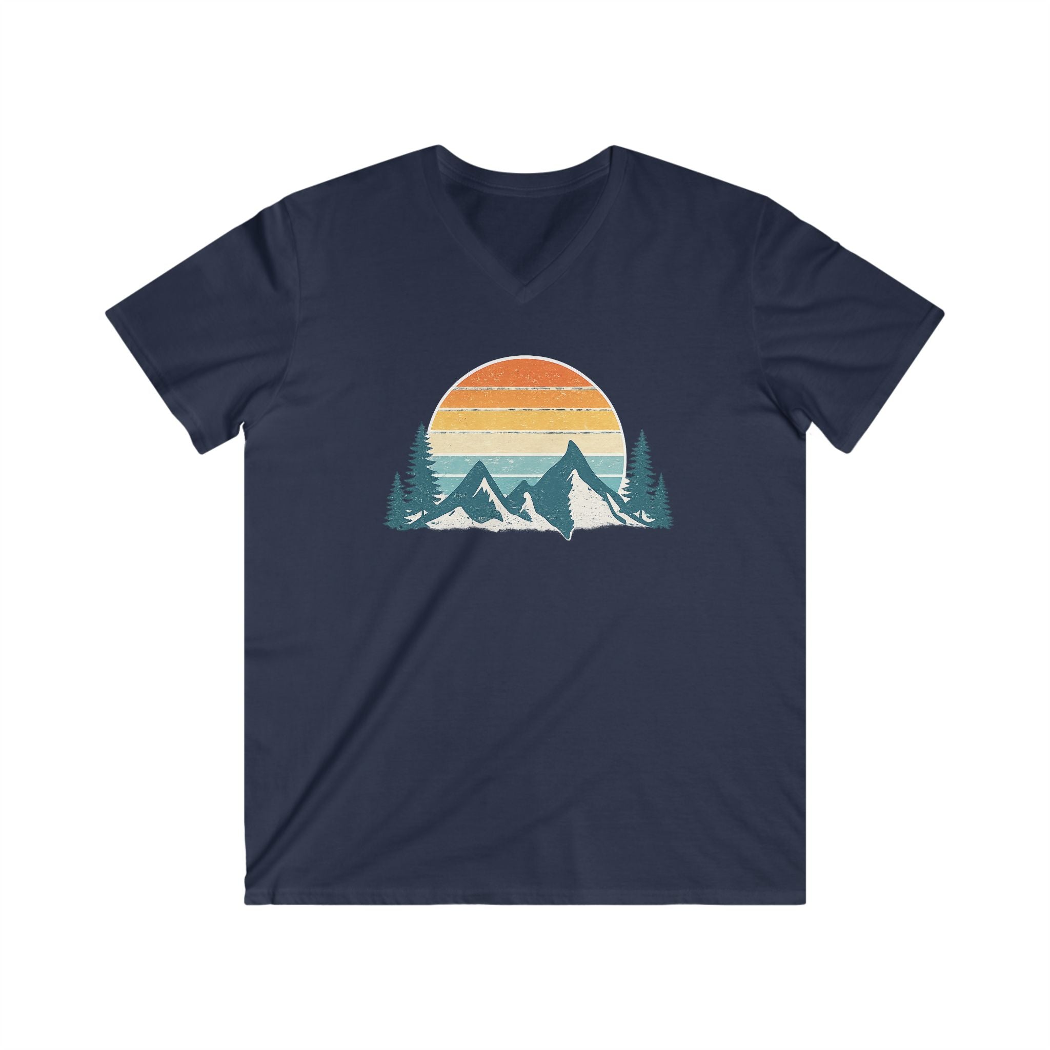Mountain Sunset V-Neck Tee – Retro Outdoors Graphic Shirt