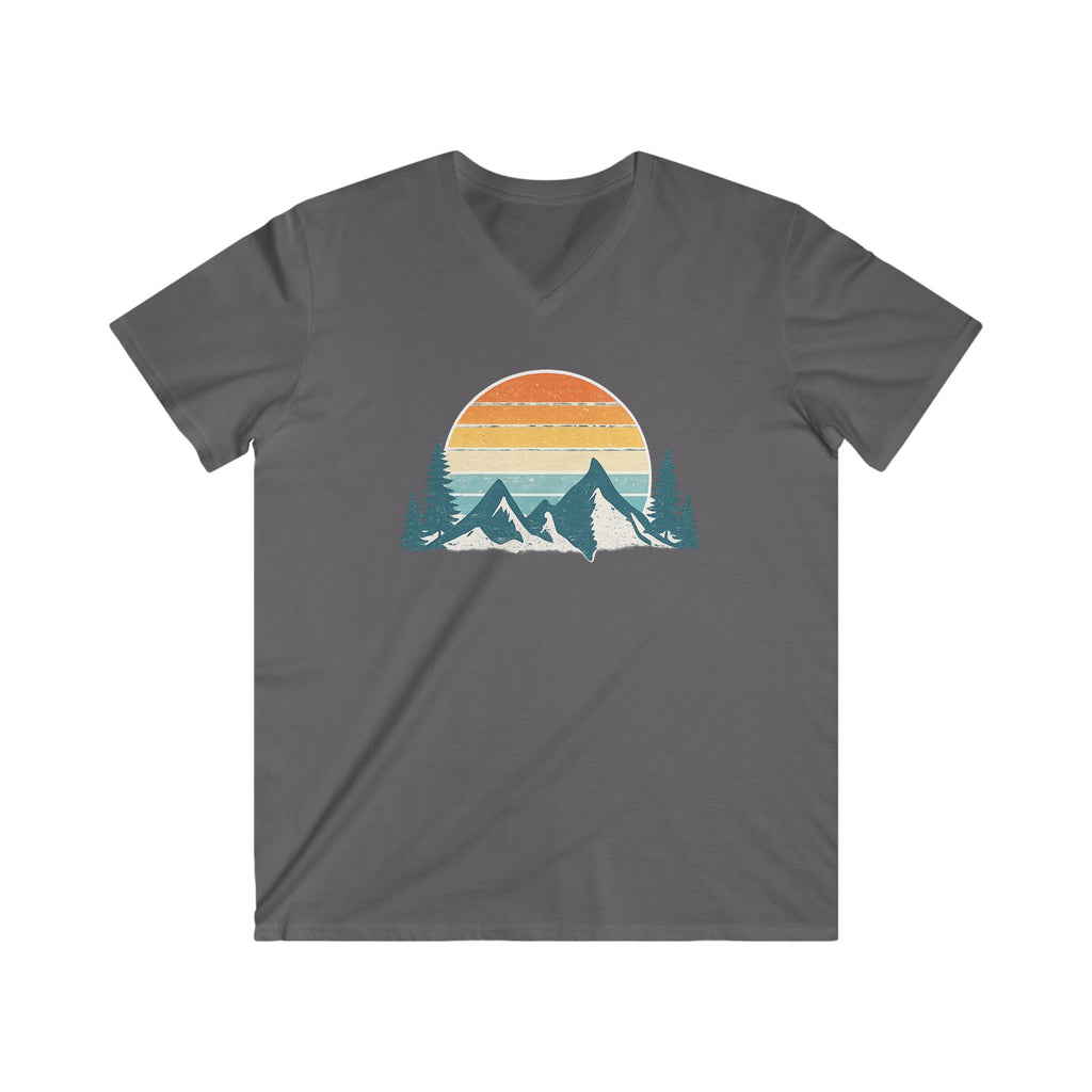 Mountain Sunset V-Neck Tee – Retro Outdoors Graphic Shirt