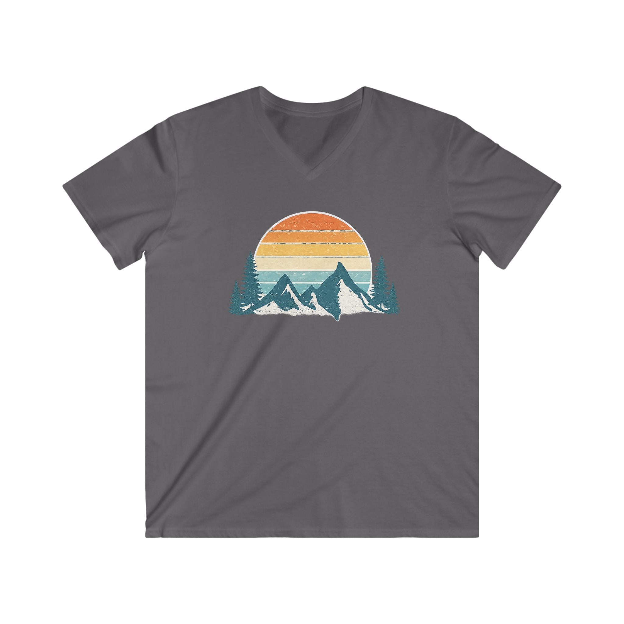 Mountain Sunset V-Neck Tee – Retro Outdoors Graphic Shirt