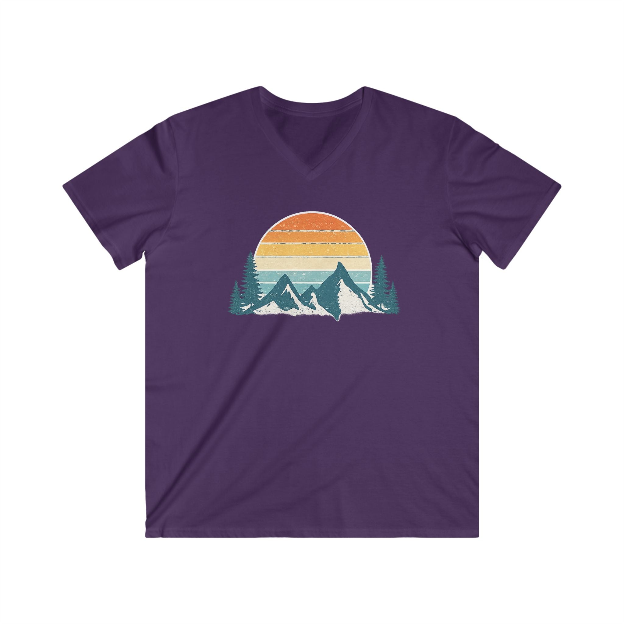 Mountain Sunset V-Neck Tee – Retro Outdoors Graphic Shirt