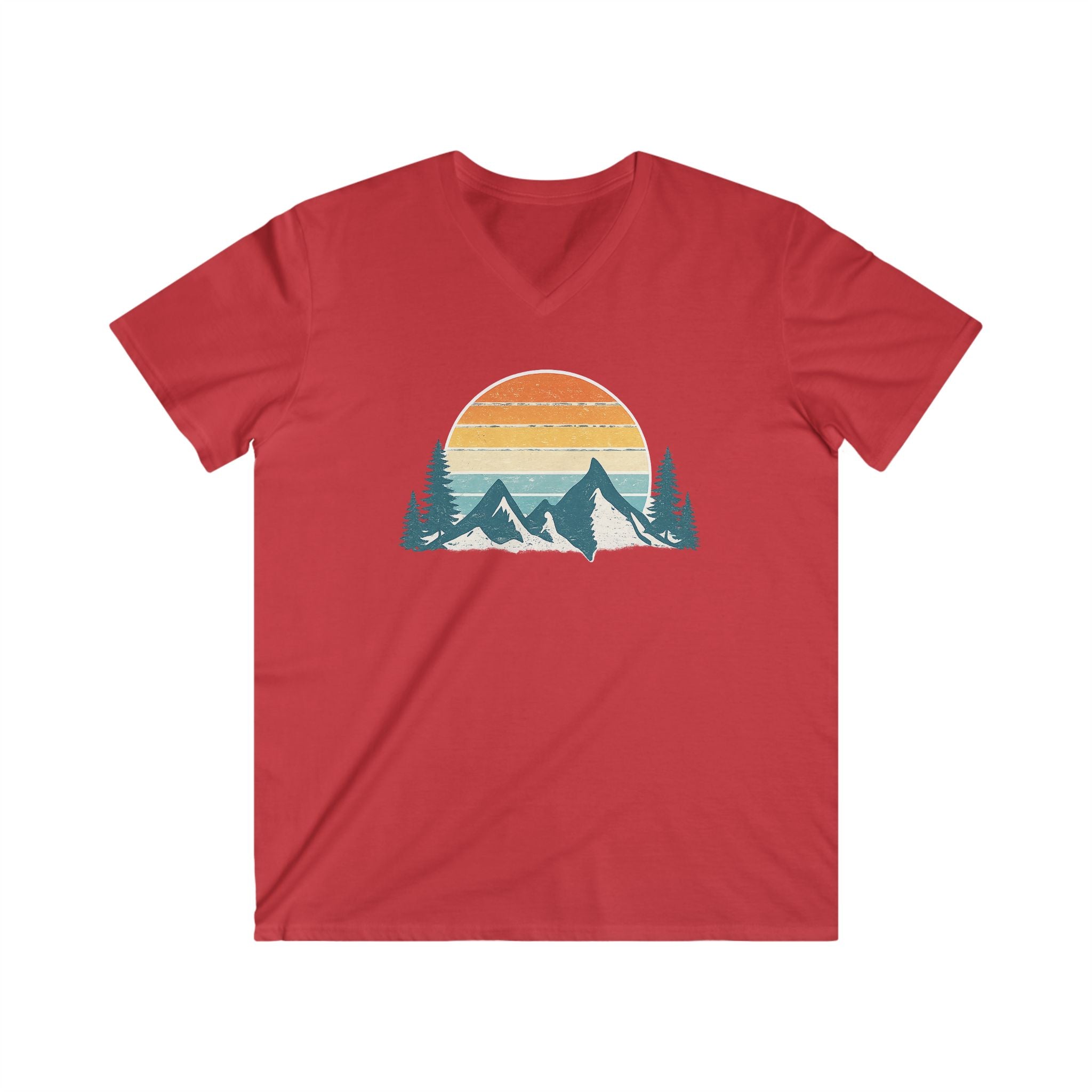Mountain Sunset V-Neck Tee – Retro Outdoors Graphic Shirt