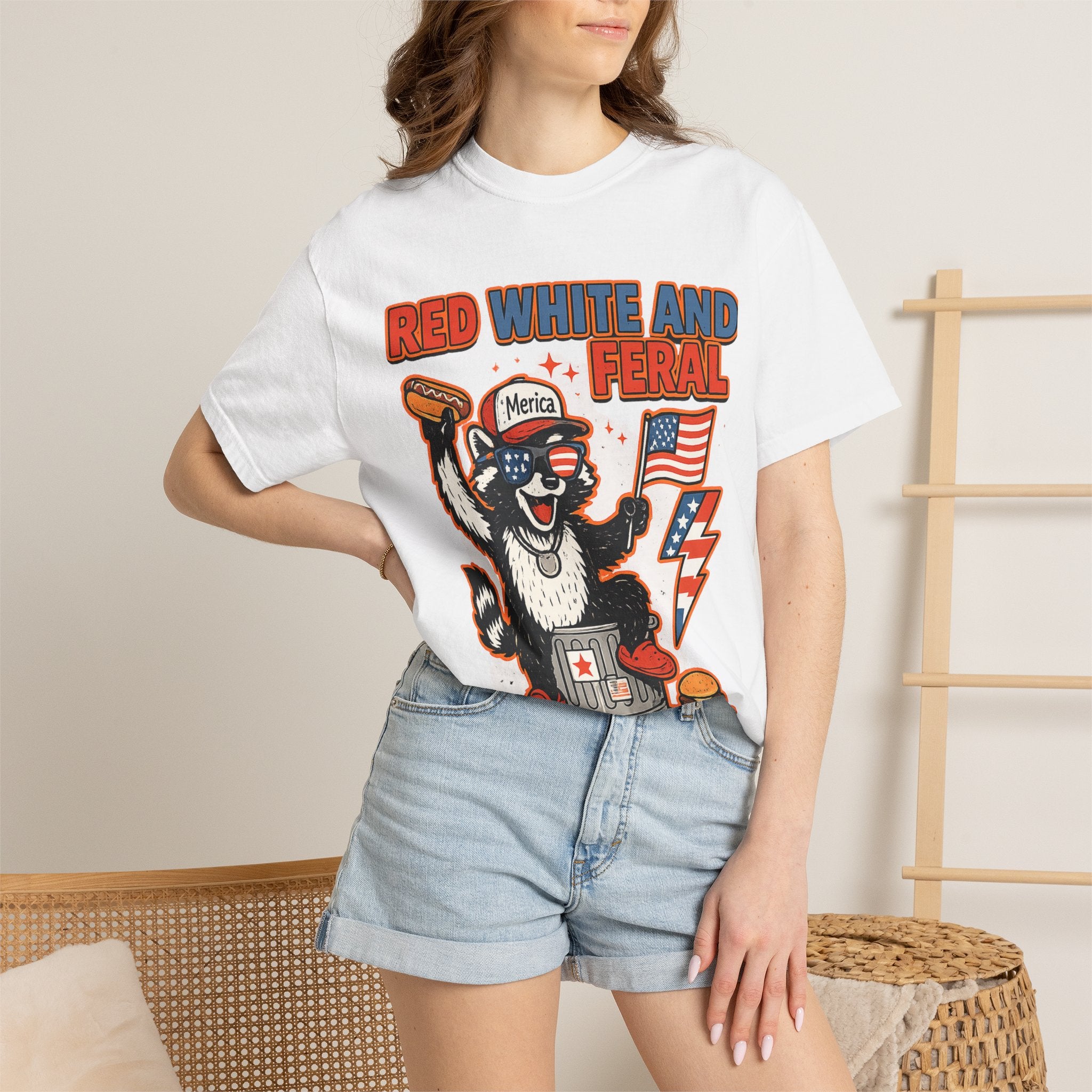 Red White and Feral Raccoon Tee — Patriotic Funny Graphic T-Shirt