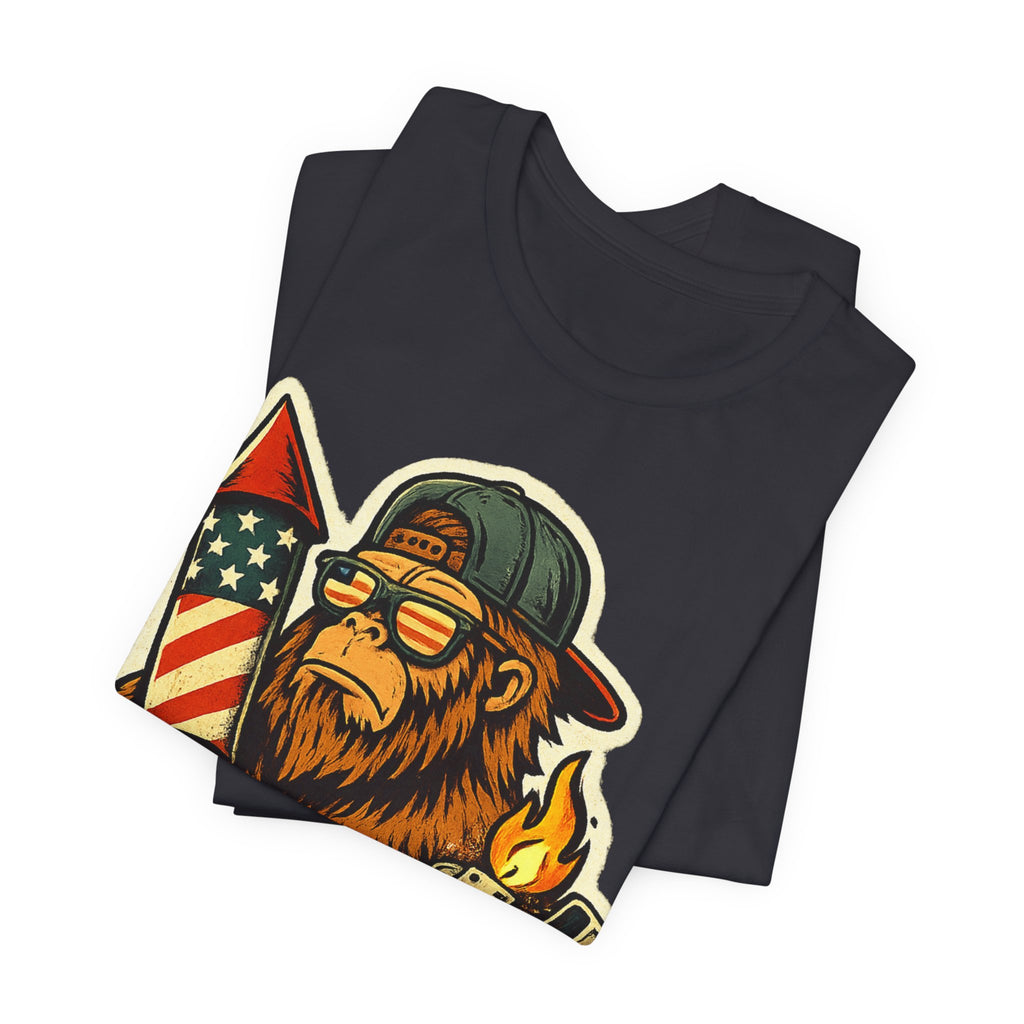 Patriotic Bigfoot Tee — Firework Rocket & Lighter Graphic T-Shirt