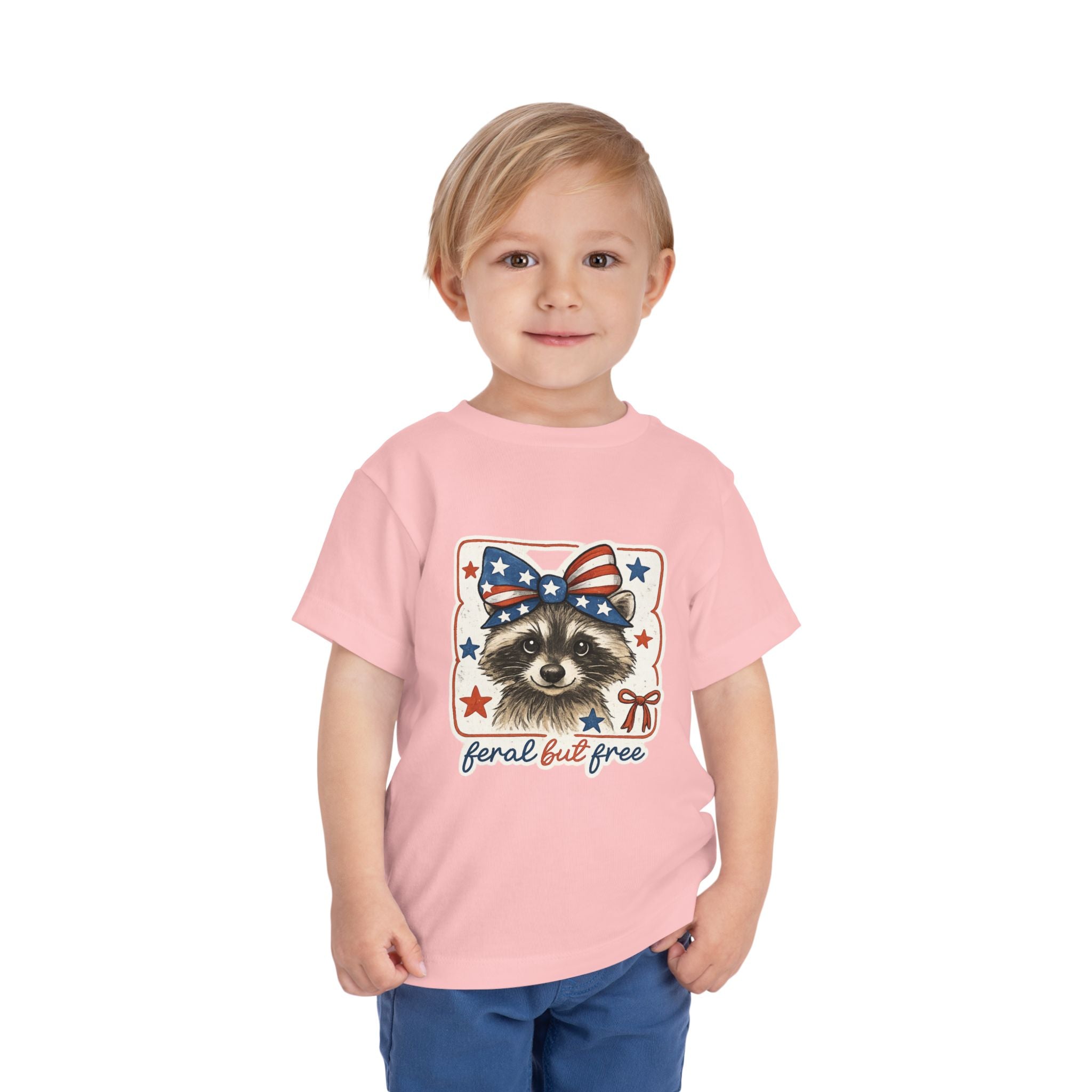 Patriotic Raccoon Toddler Tee — "Feral but Free" 4th of July Shirt