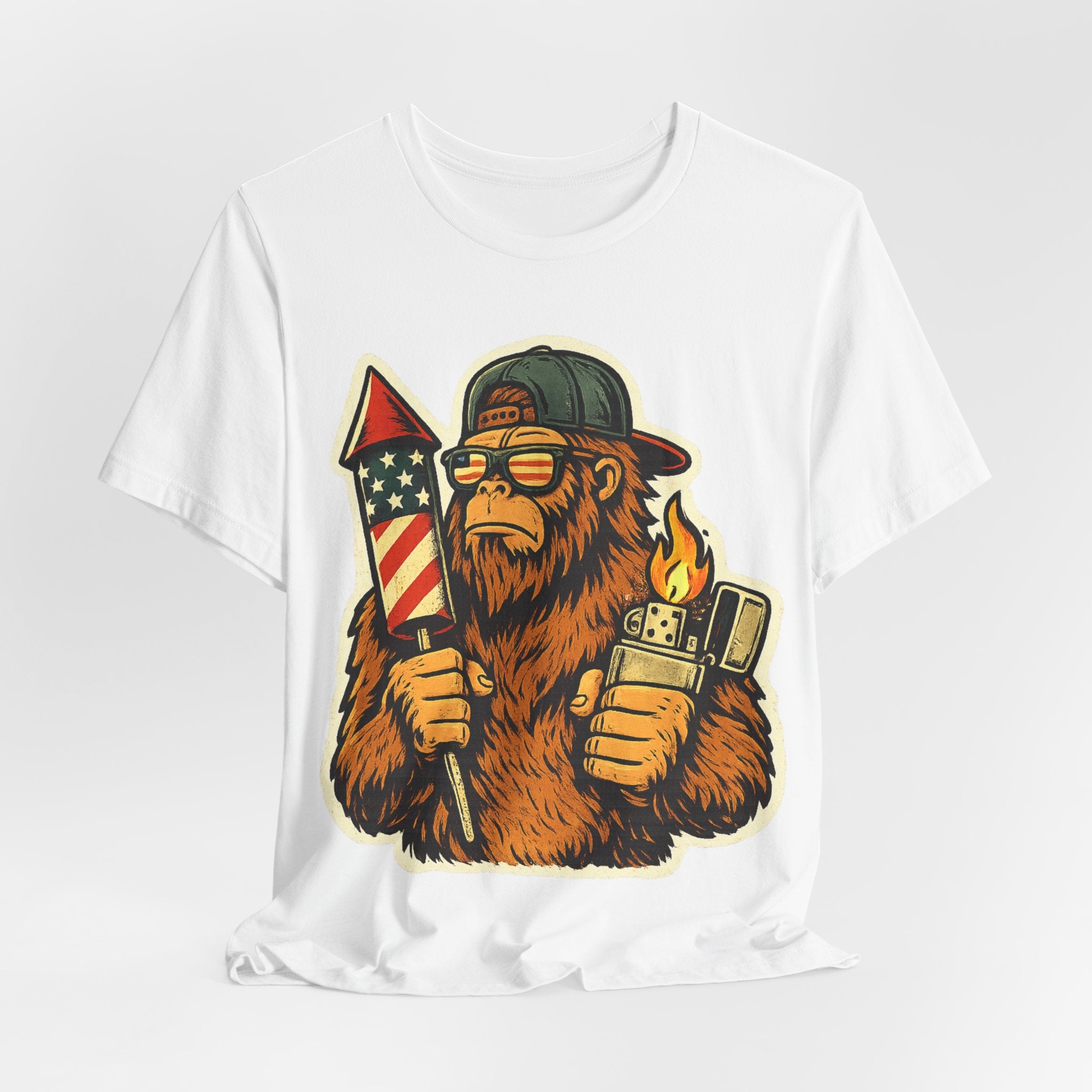 Patriotic Bigfoot Tee — Firework Rocket & Lighter Graphic T-Shirt