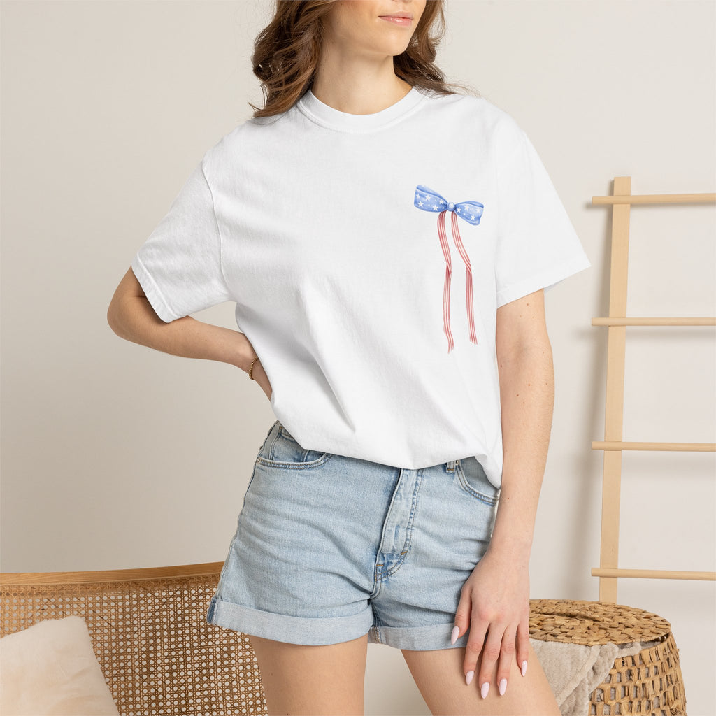 Patriotic Bow T-Shirt — “Land of the Free, Because of the Brave” Graphic Tee