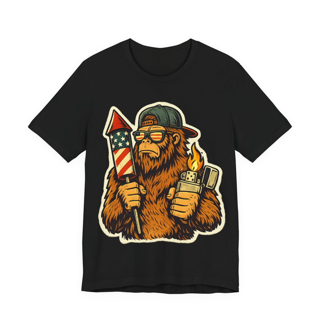 Patriotic Bigfoot Tee — Firework Rocket & Lighter Graphic T-Shirt