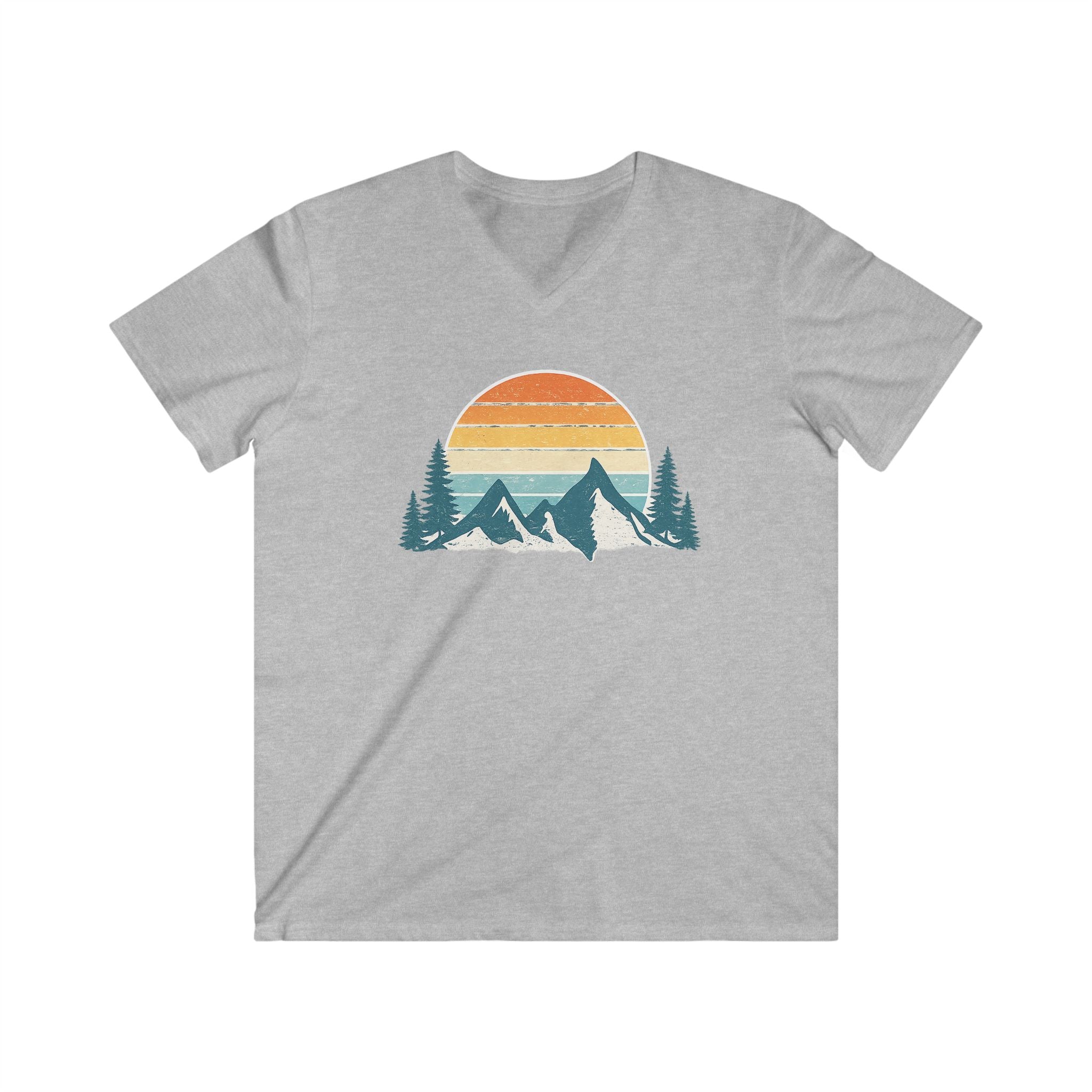 Mountain Sunset V-Neck Tee – Retro Outdoors Graphic Shirt