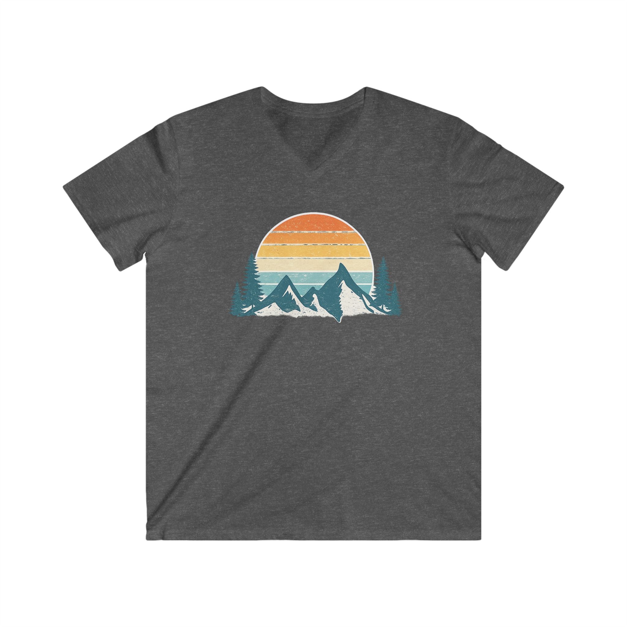 Mountain Sunset V-Neck Tee – Retro Outdoors Graphic Shirt