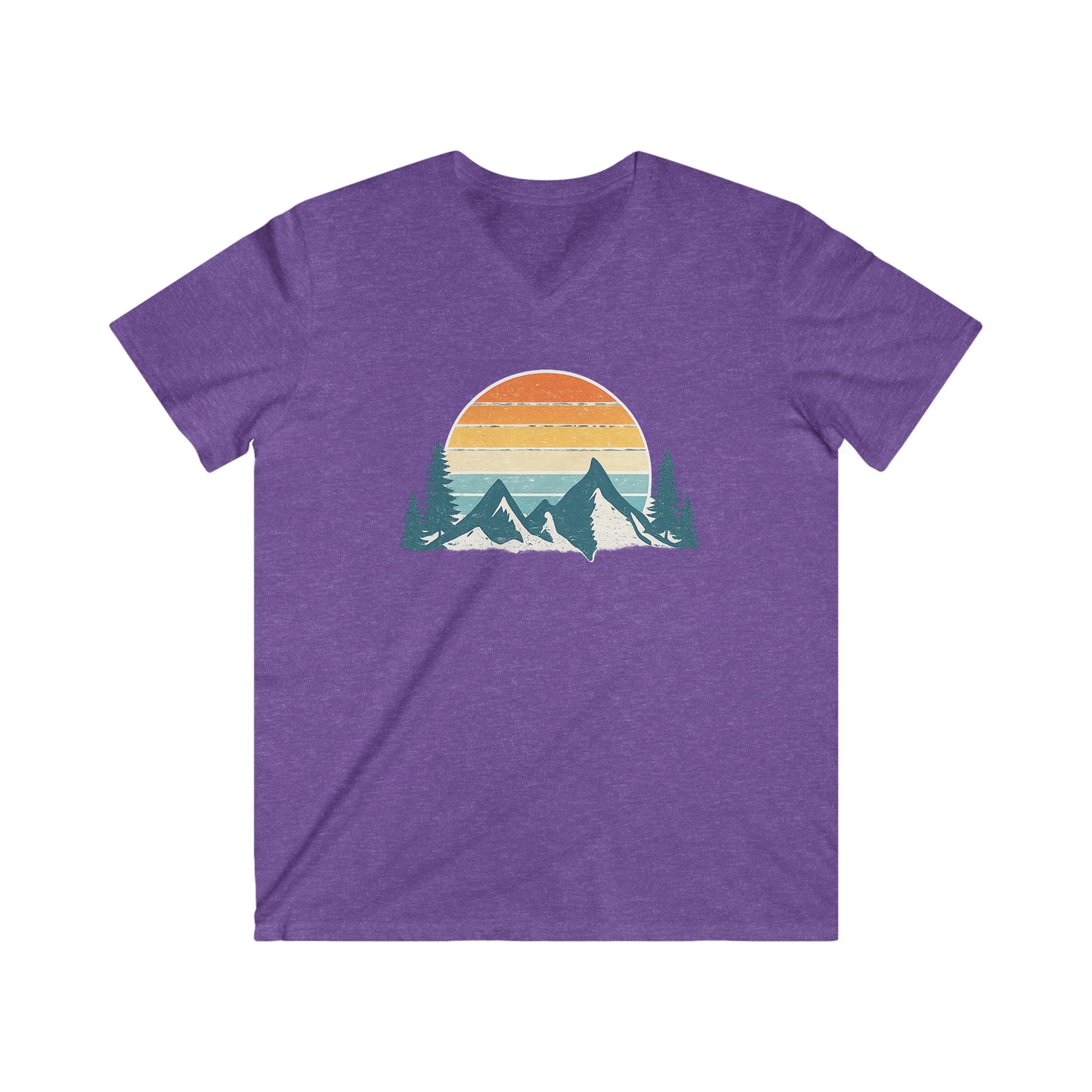 Mountain Sunset V-Neck Tee – Retro Outdoors Graphic Shirt