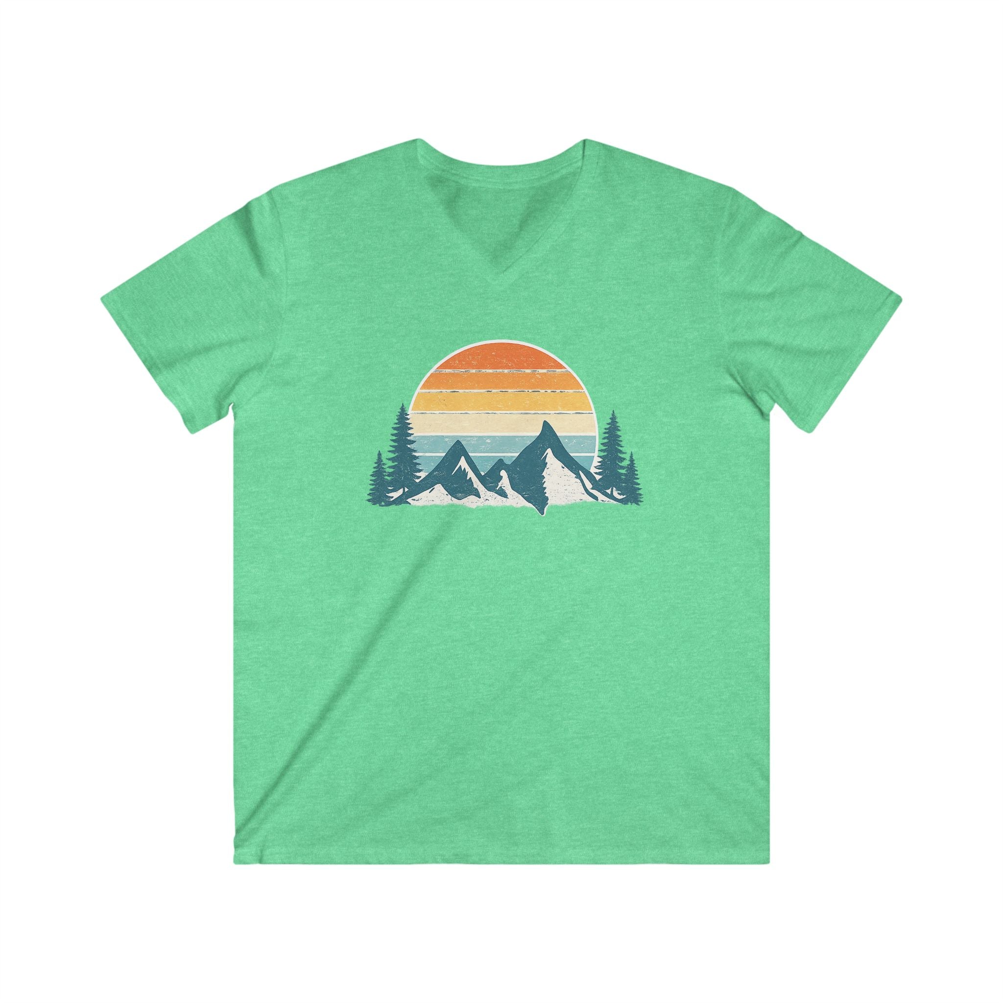 Mountain Sunset V-Neck Tee – Retro Outdoors Graphic Shirt