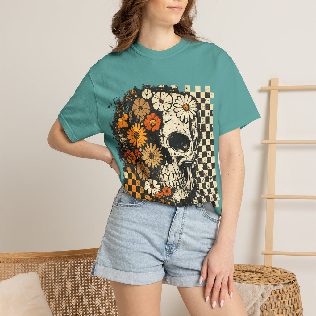Floral Skull Checkerboard T-Shirt