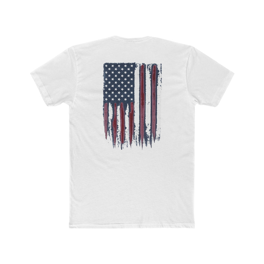 Distressed American Flag Crew Tee — Patriotic Fireworks Chest Print