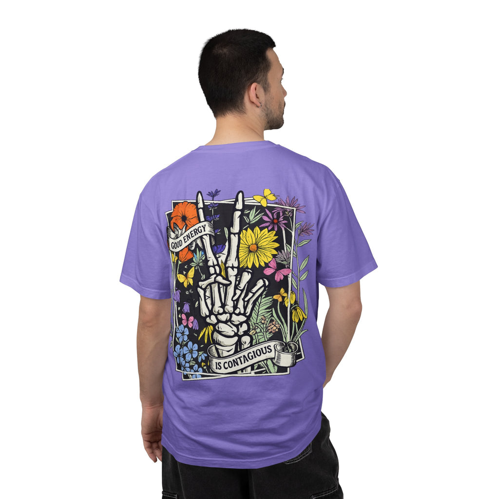 Good Energy Is Contagious T-Shirt — Floral Skeleton Back Graphic