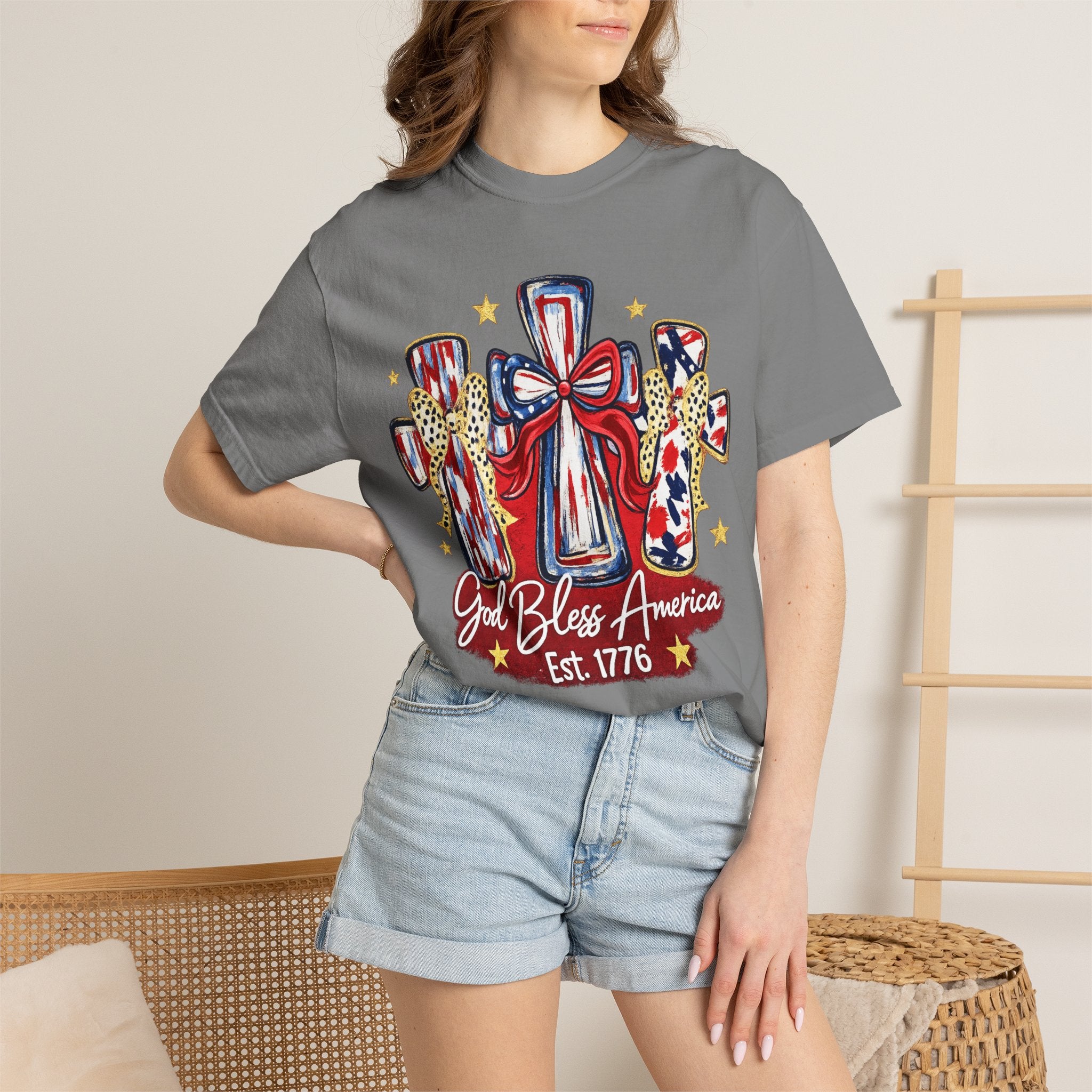 God Bless America Cross Tee — Patriotic Est. 1776 T-Shirt