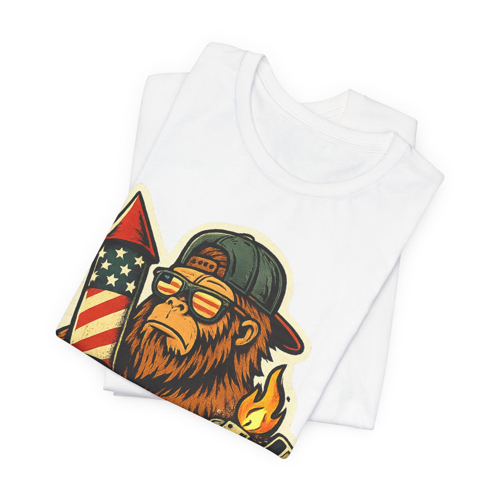 Patriotic Bigfoot Tee — Firework Rocket & Lighter Graphic T-Shirt