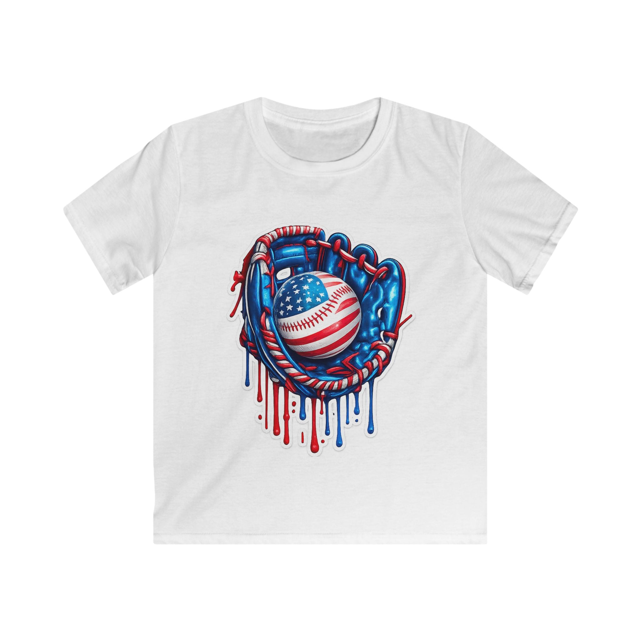 Kids Patriotic Baseball Tee — American Flag Glove & Dripping Ball Design