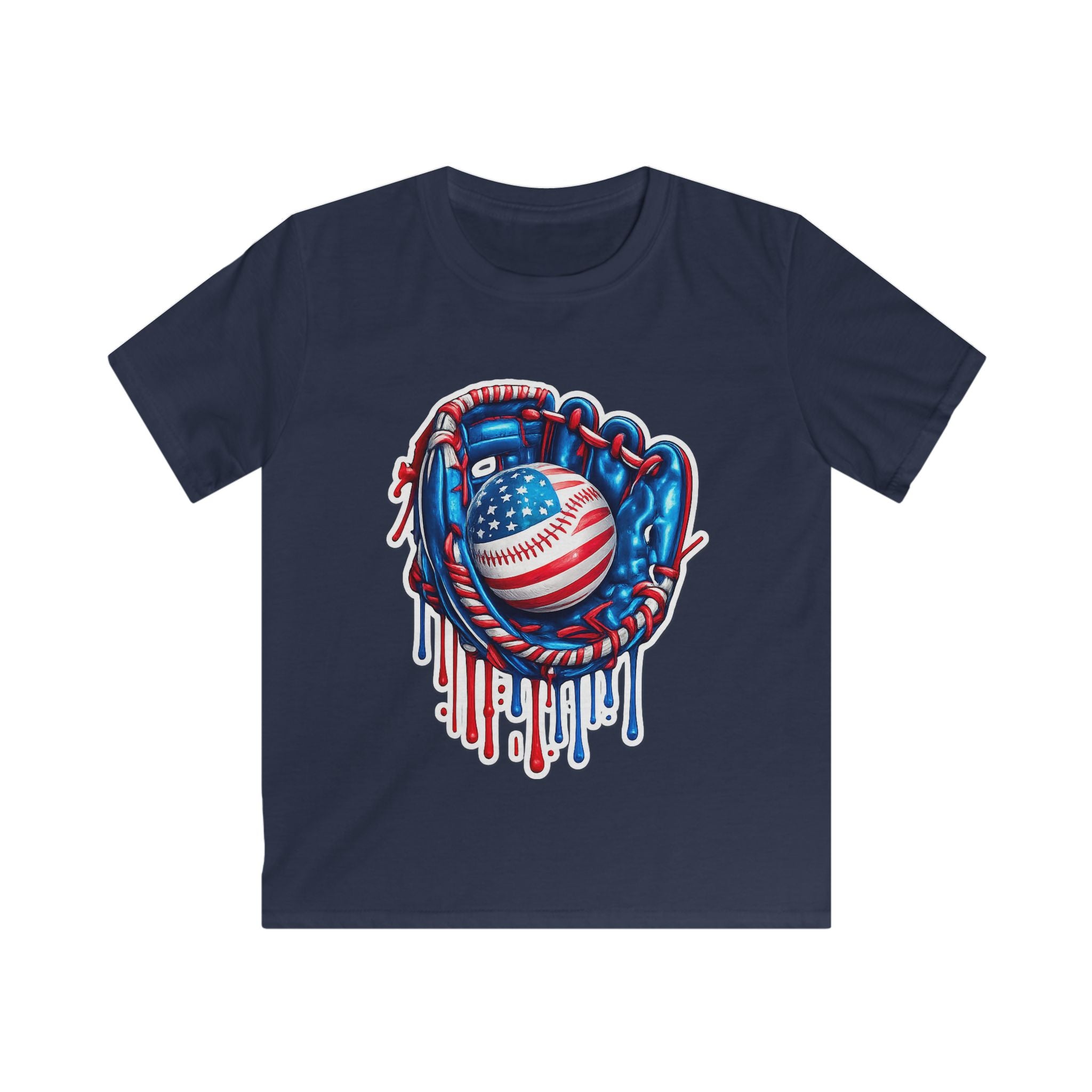 Kids Patriotic Baseball Tee — American Flag Glove & Dripping Ball Design
