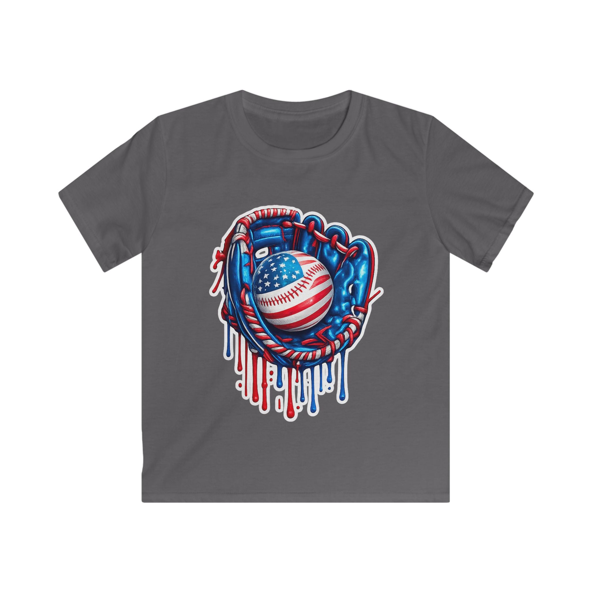 Kids Patriotic Baseball Tee — American Flag Glove & Dripping Ball Design