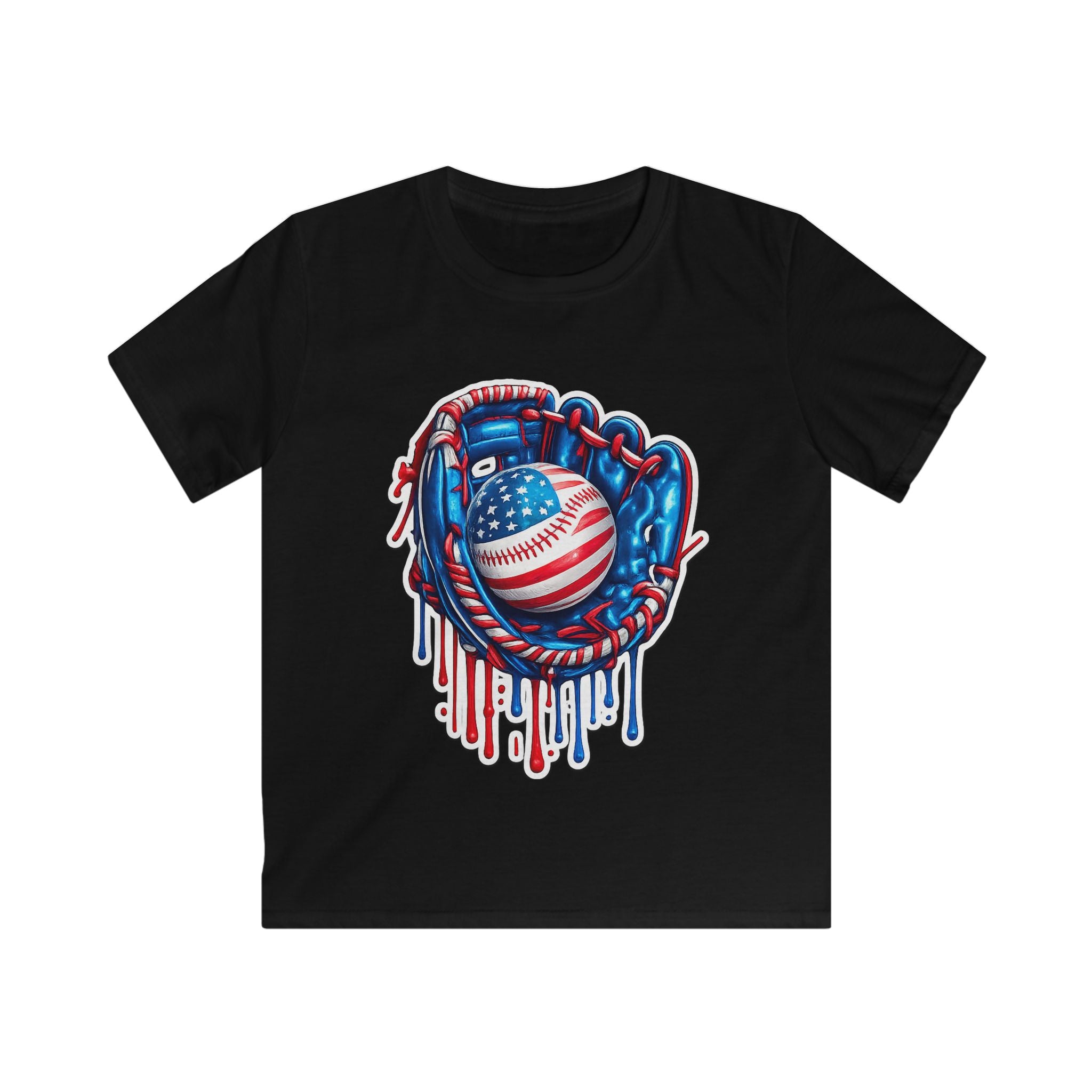 Kids Patriotic Baseball Tee — American Flag Glove & Dripping Ball Design