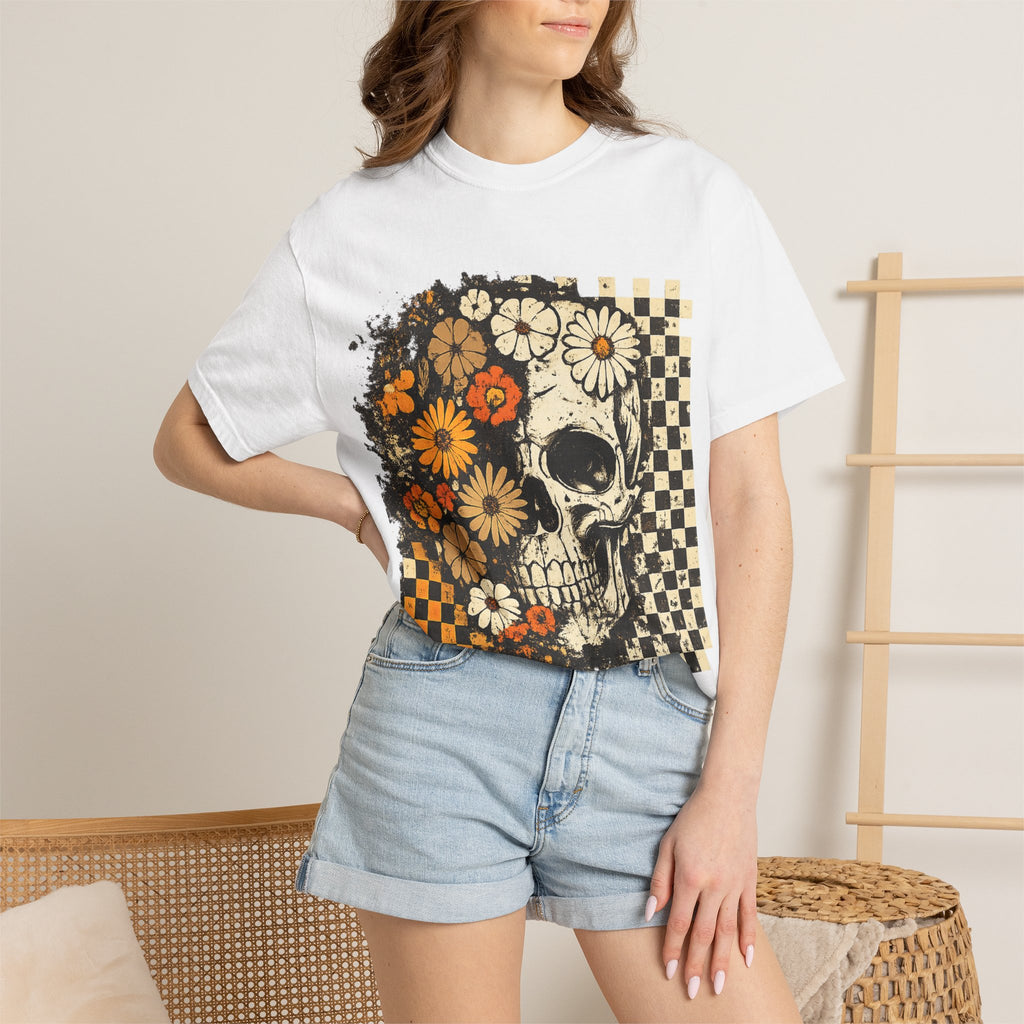 Floral Skull Checkerboard T-Shirt