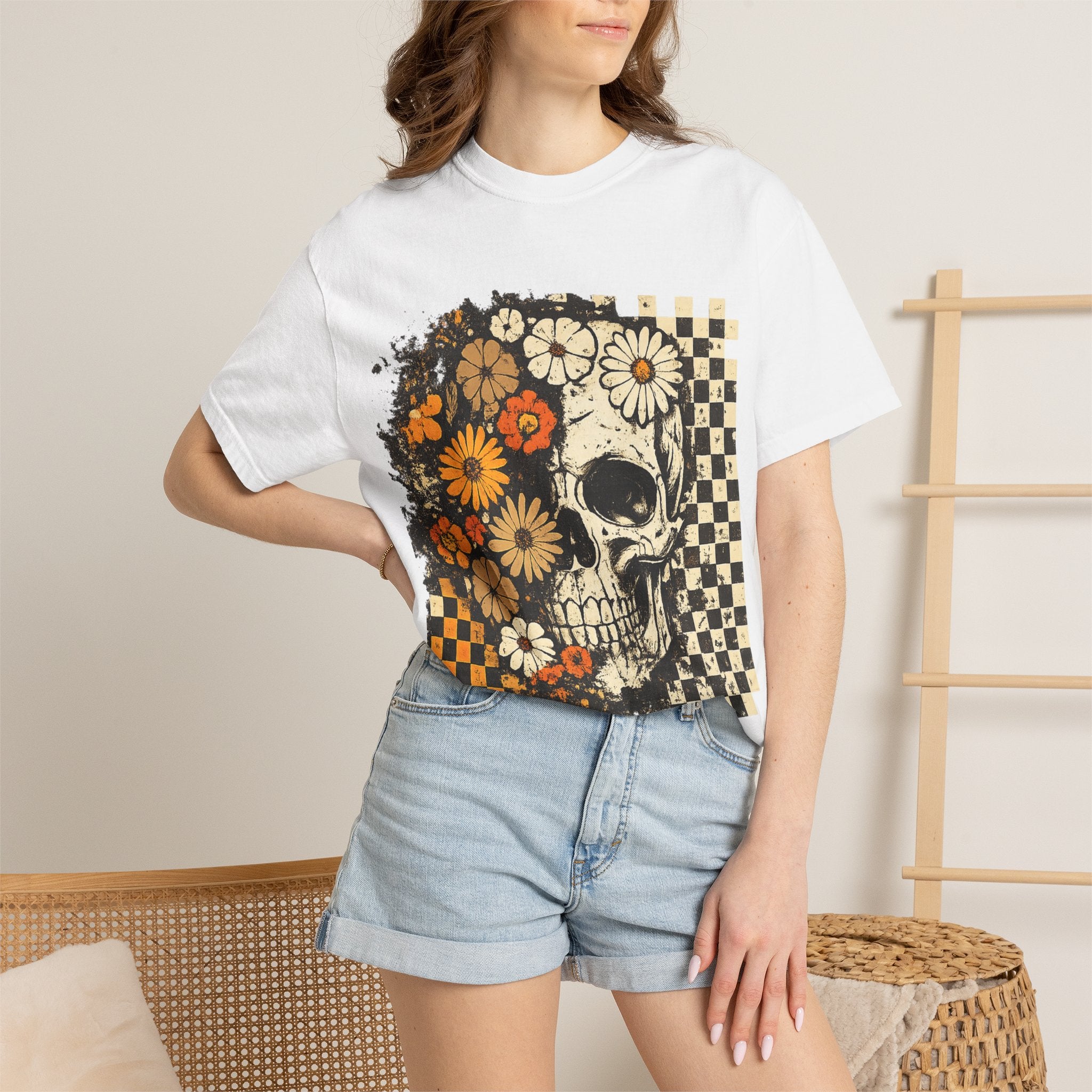 Floral Skull Checkerboard T-Shirt
