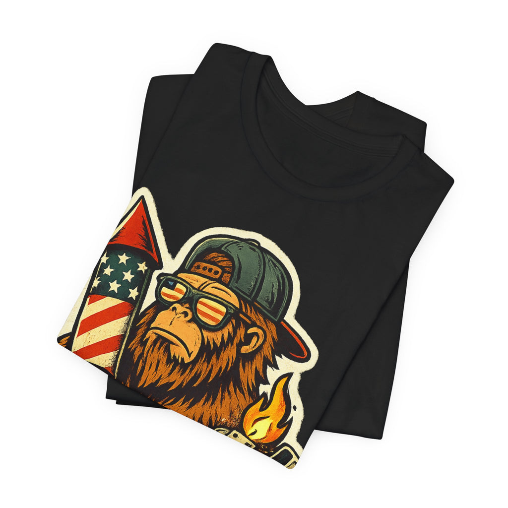 Patriotic Bigfoot Tee — Firework Rocket & Lighter Graphic T-Shirt