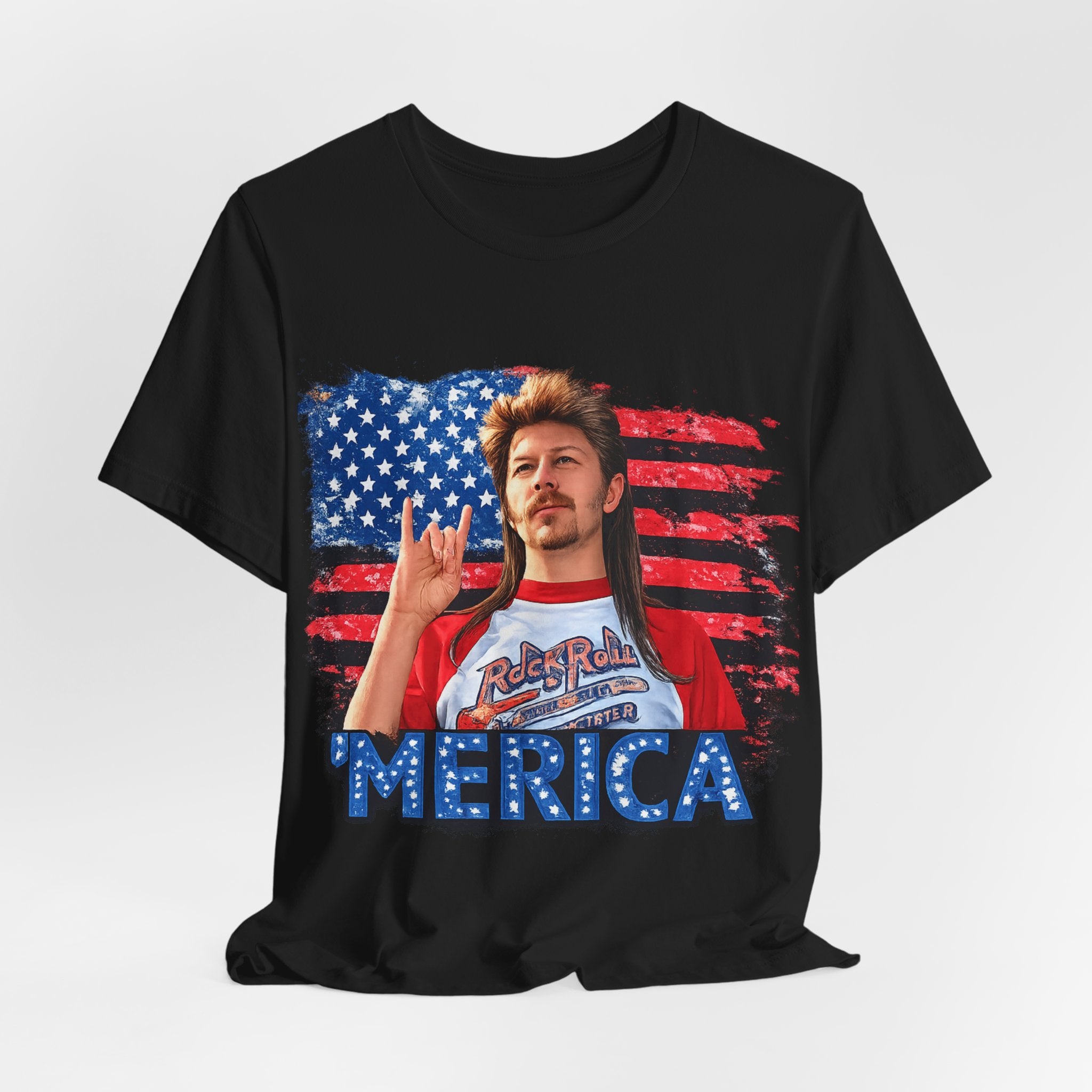 Merica Graphic Tee — Retro American Flag Shirt with 'MERICA' Text