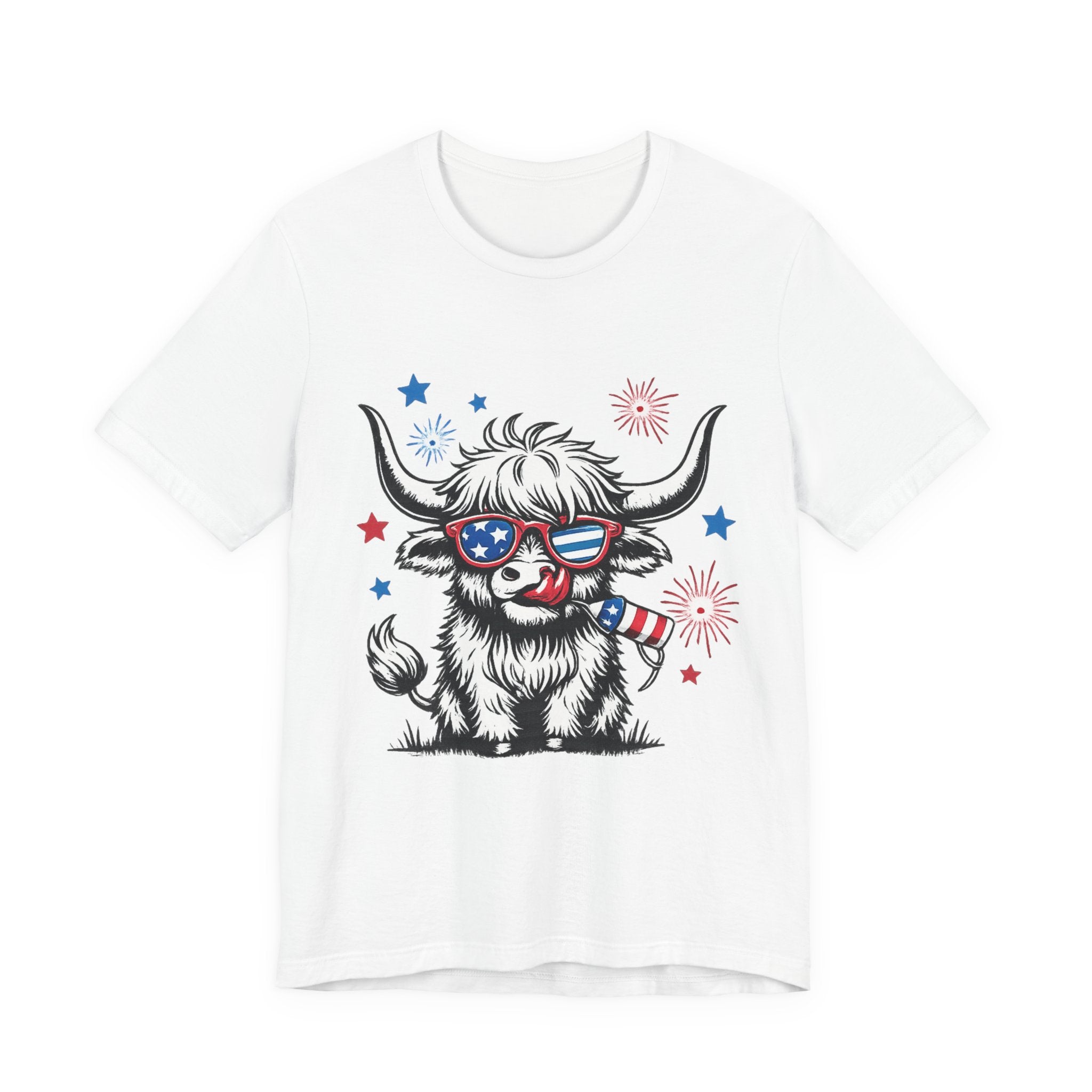 Patriotic Highland Cow Tee – 4th of July USA Sunglasses Graphic T-Shirt