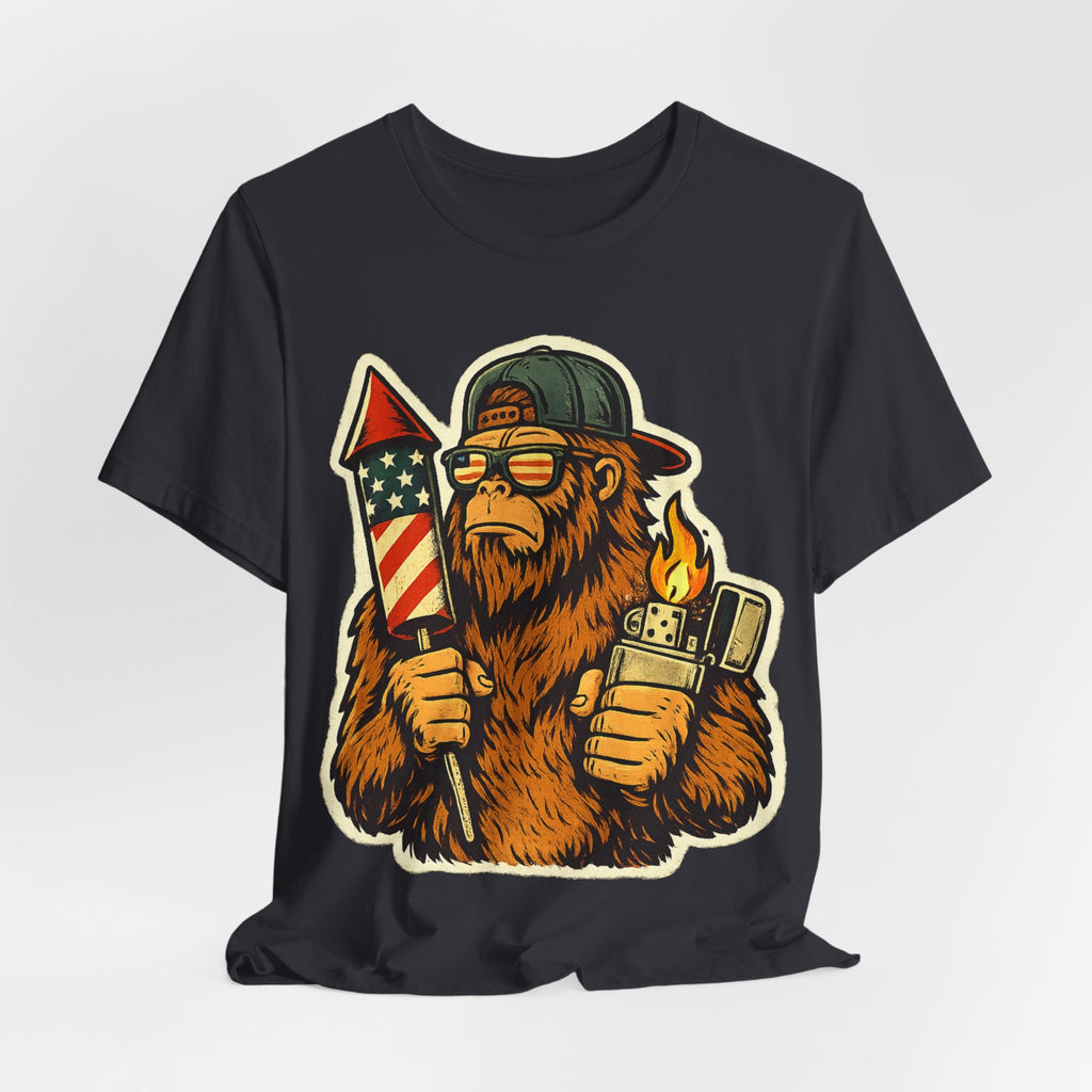 Patriotic Bigfoot Tee — Firework Rocket & Lighter Graphic T-Shirt