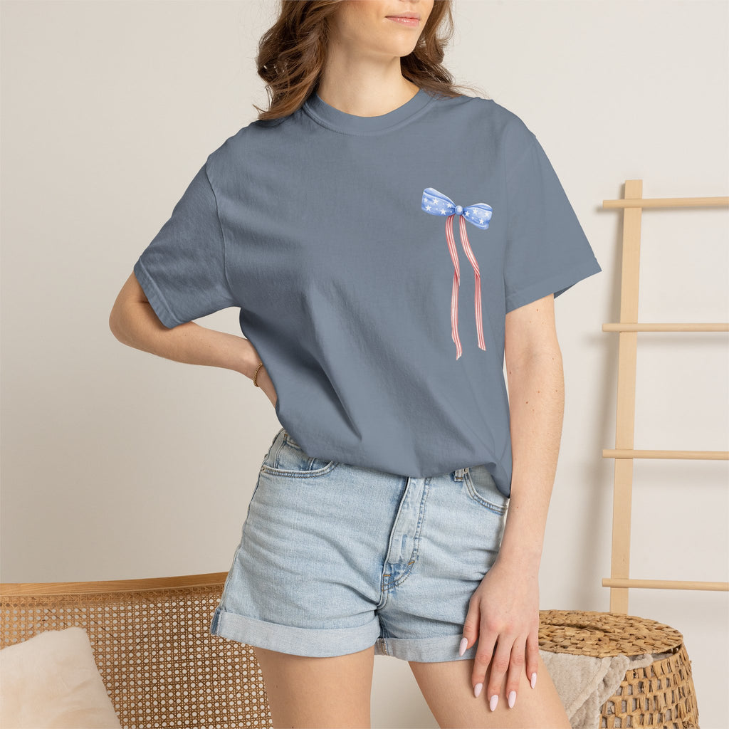 Patriotic Bow T-Shirt — “Land of the Free, Because of the Brave” Graphic Tee