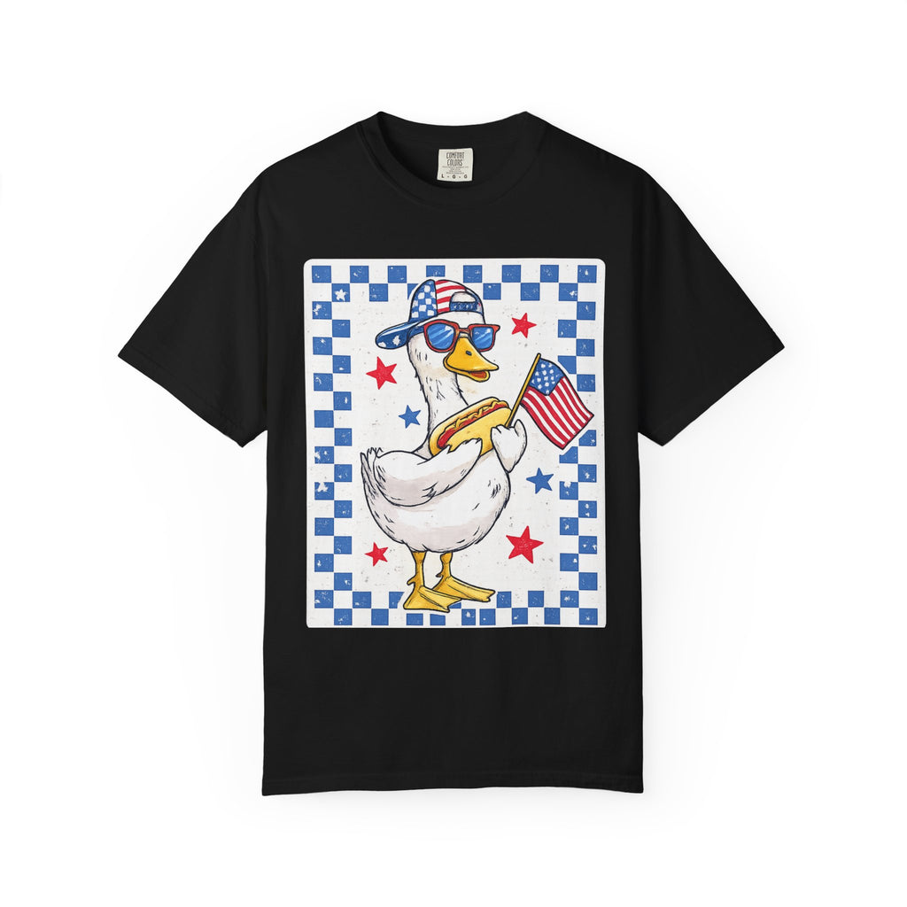Patriotic Duck T-Shirt — American Flag Goose with Sunglasses American Fourth of July Tee
