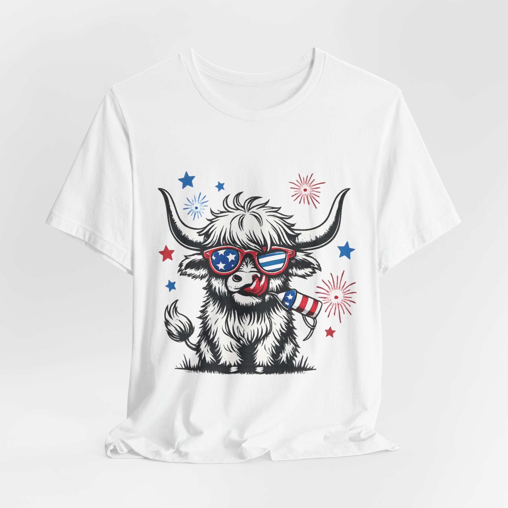 Patriotic Highland Cow Tee – 4th of July USA Sunglasses Graphic T-Shirt