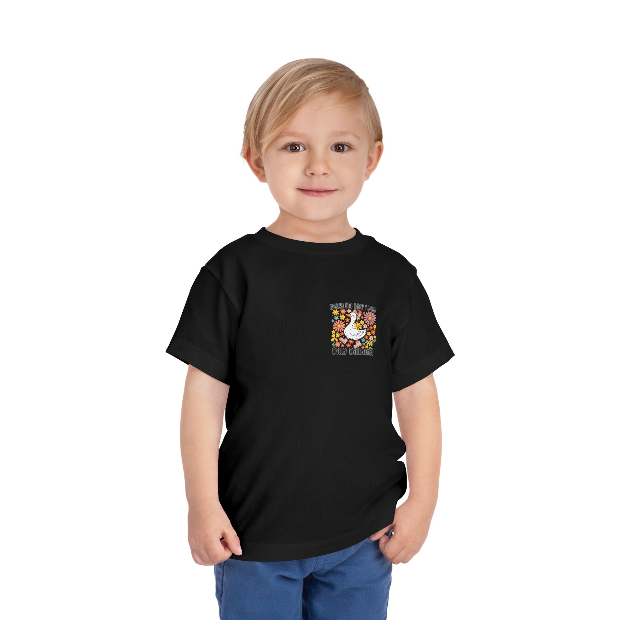 Toddler Tee — “Sorry I’m Late I Was Dilly Dallying” Cute Floral Duck Shirt