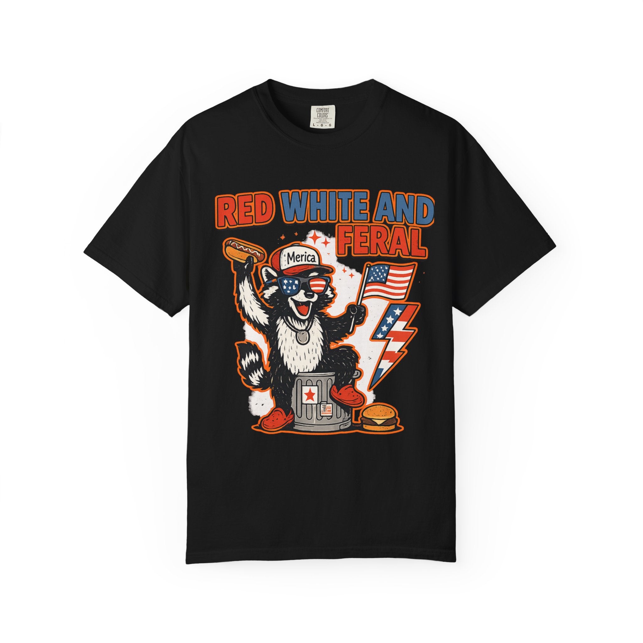 Red White and Feral Raccoon Tee — Patriotic Funny Graphic T-Shirt