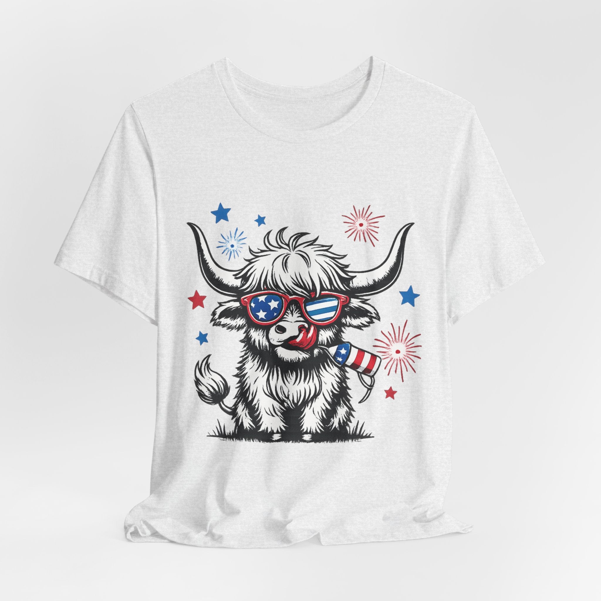 Patriotic Highland Cow Tee – 4th of July USA Sunglasses Graphic T-Shirt