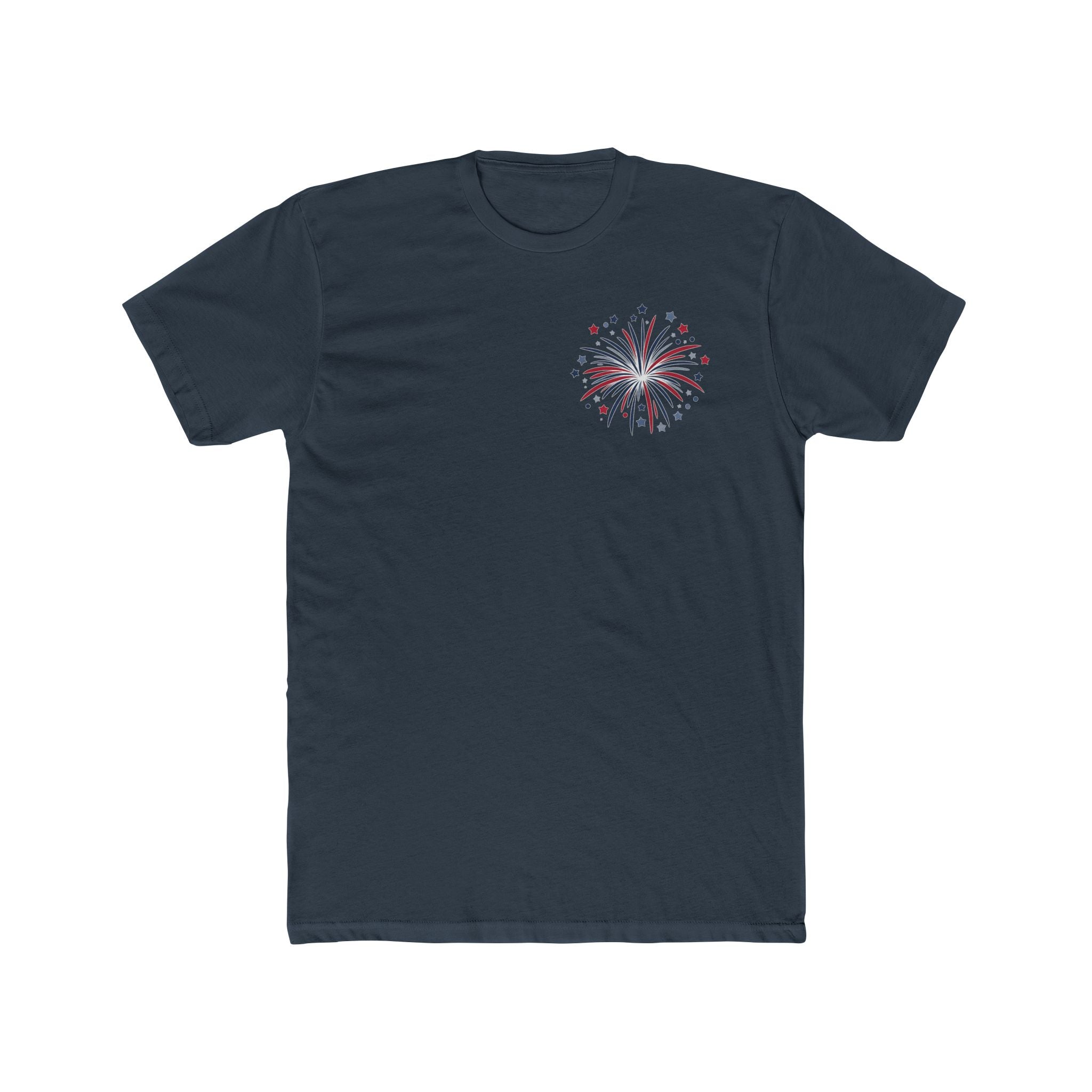 Distressed American Flag Crew Tee — Patriotic Fireworks Chest Print